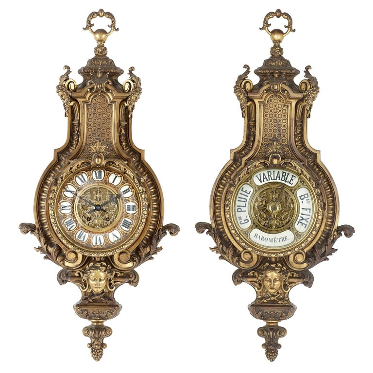 Baroque style antique French gilt bronze clock and barometer set by