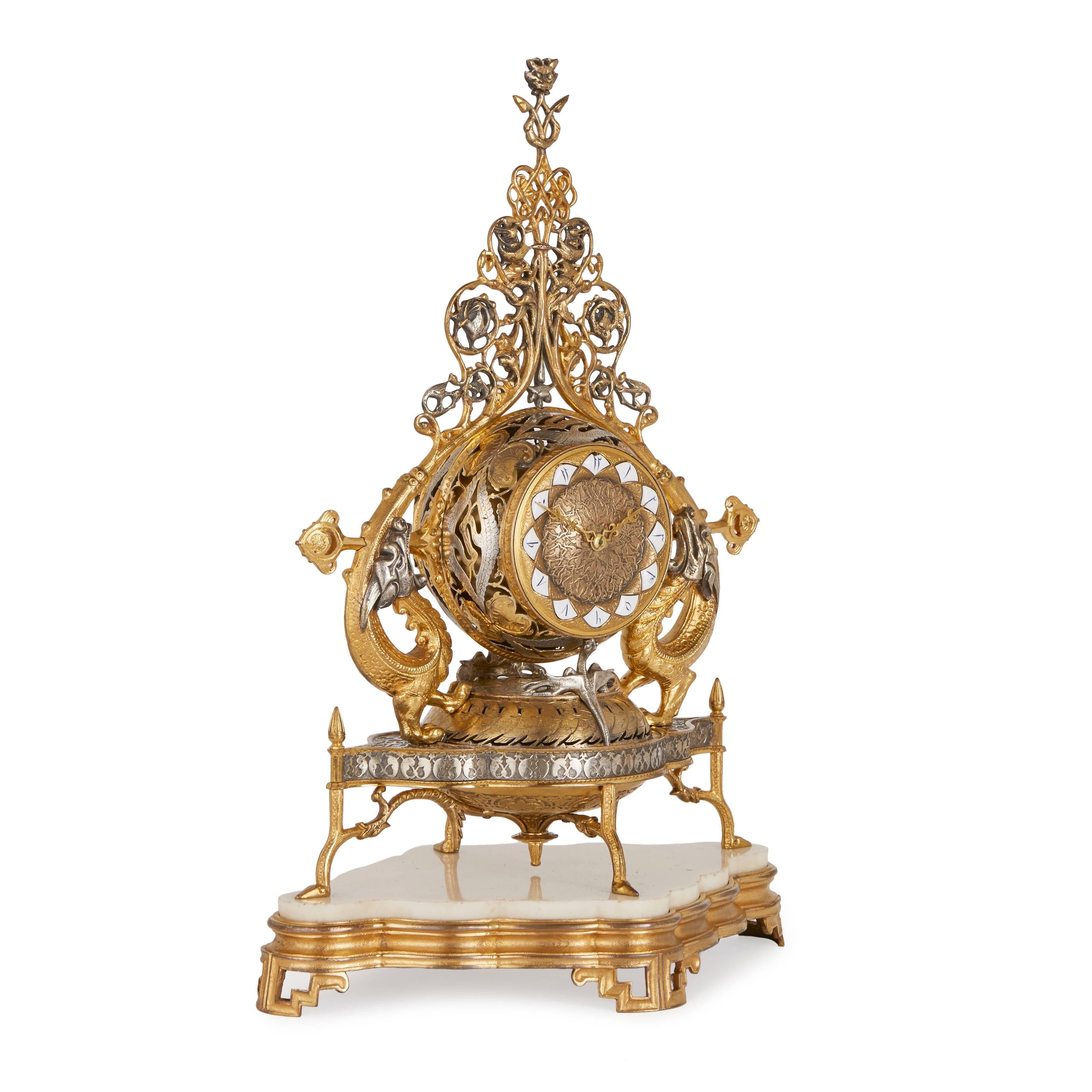 French Napoleon III period marble, silvered and gilt bronze clock set