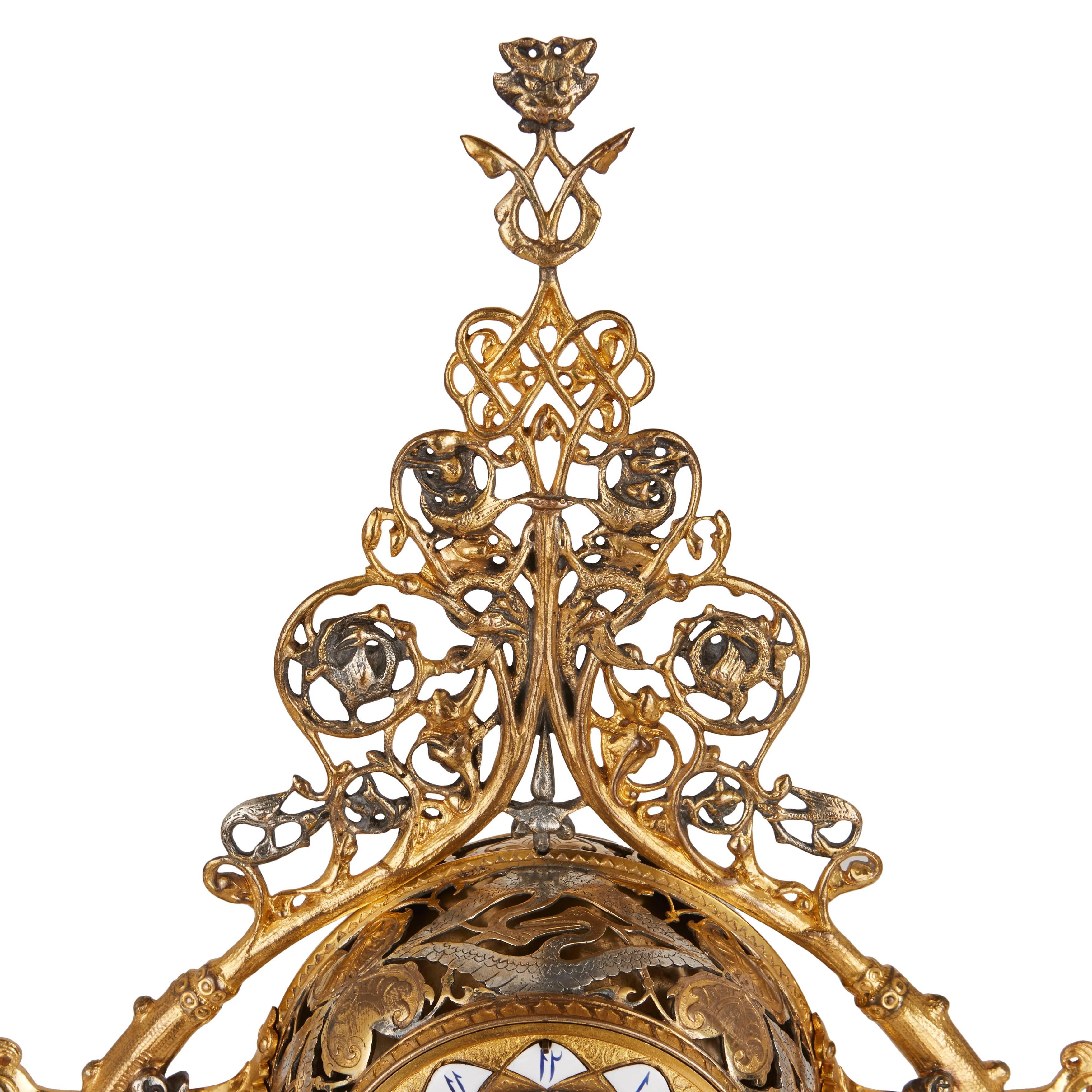 Napoleon III period marble, silvered and gilt bronze clock set In Good Condition In London, GB