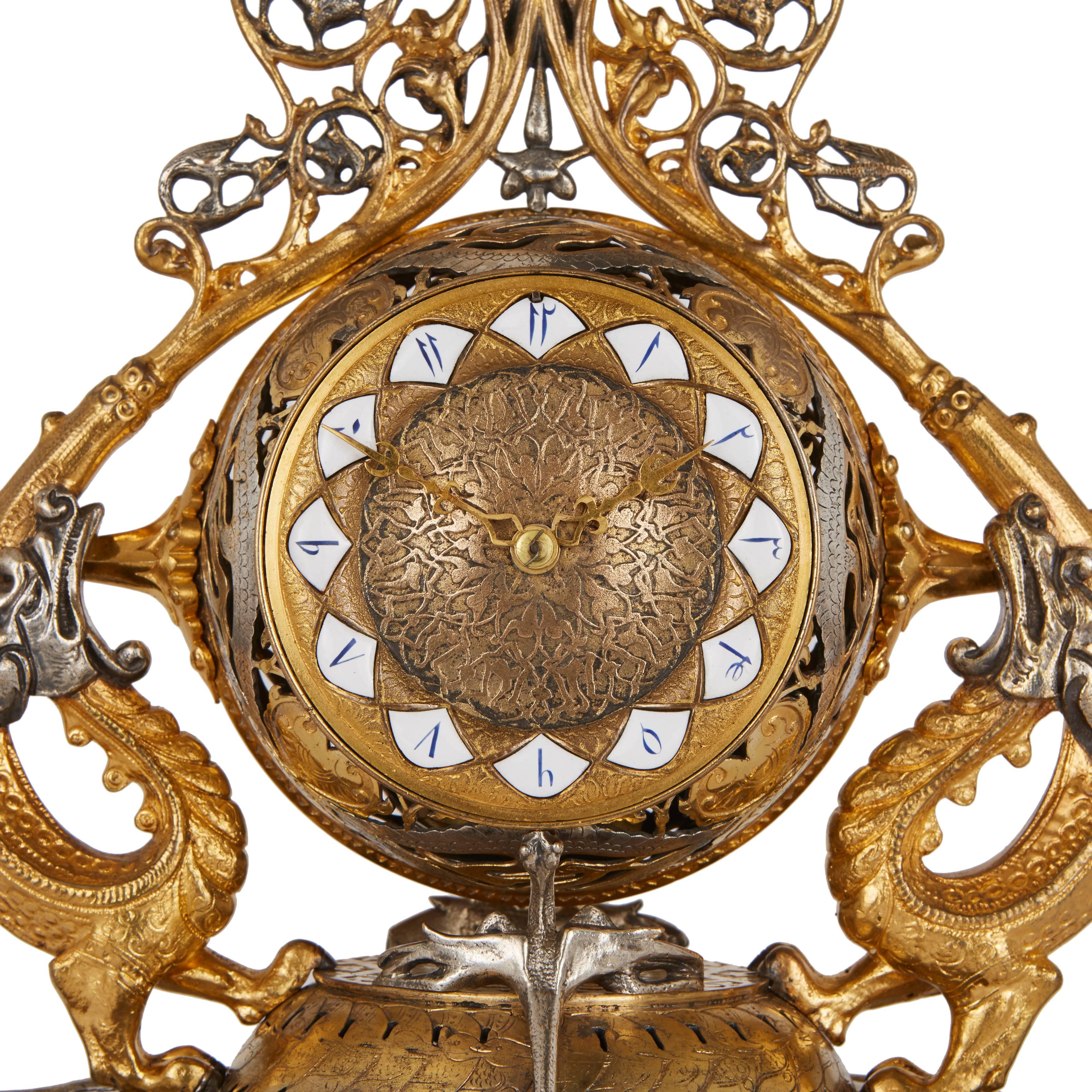 Silvered Napoleon III period marble, silvered and gilt bronze clock set