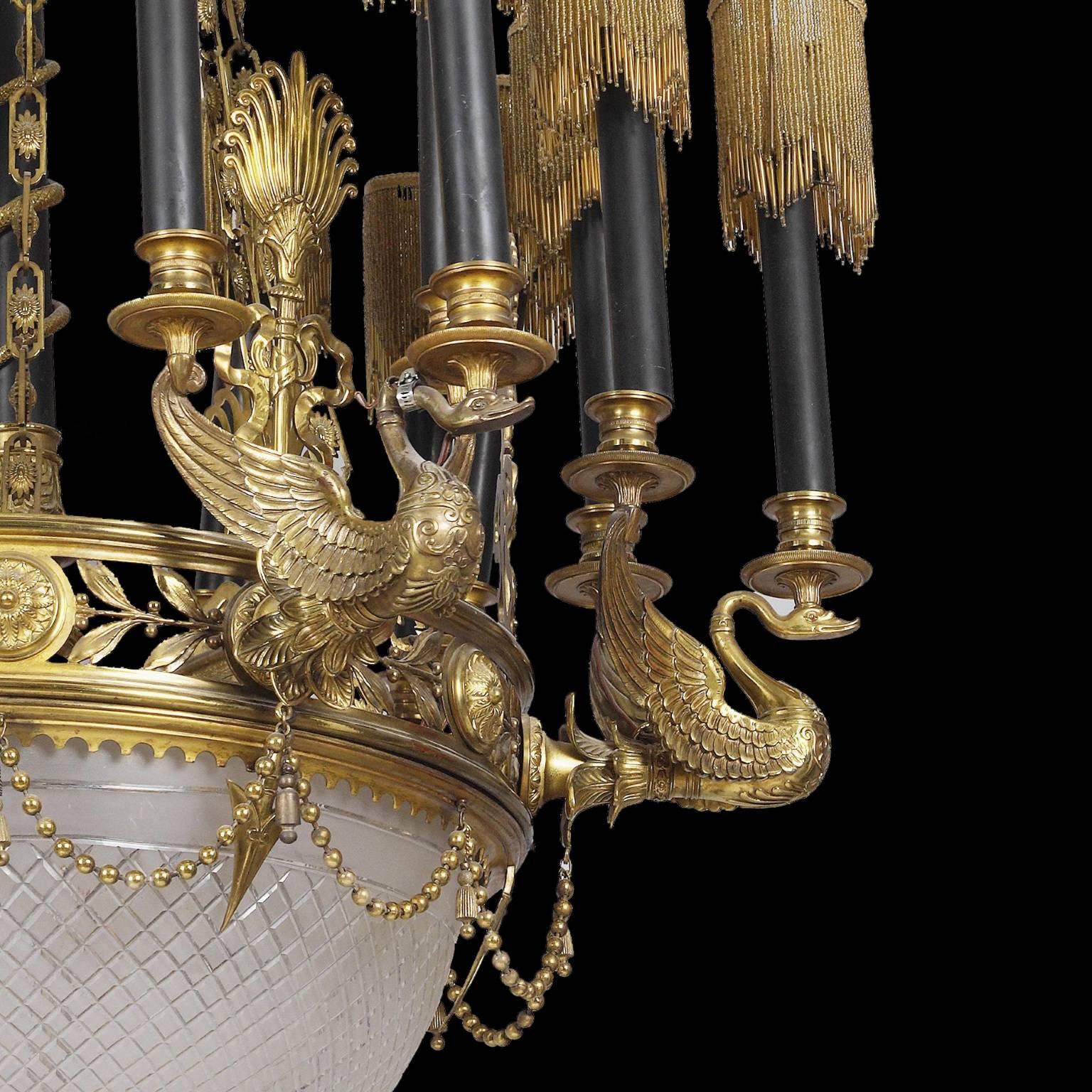 20th Century Large Empire style cut glass, gilt and patinated bronze French chandelier