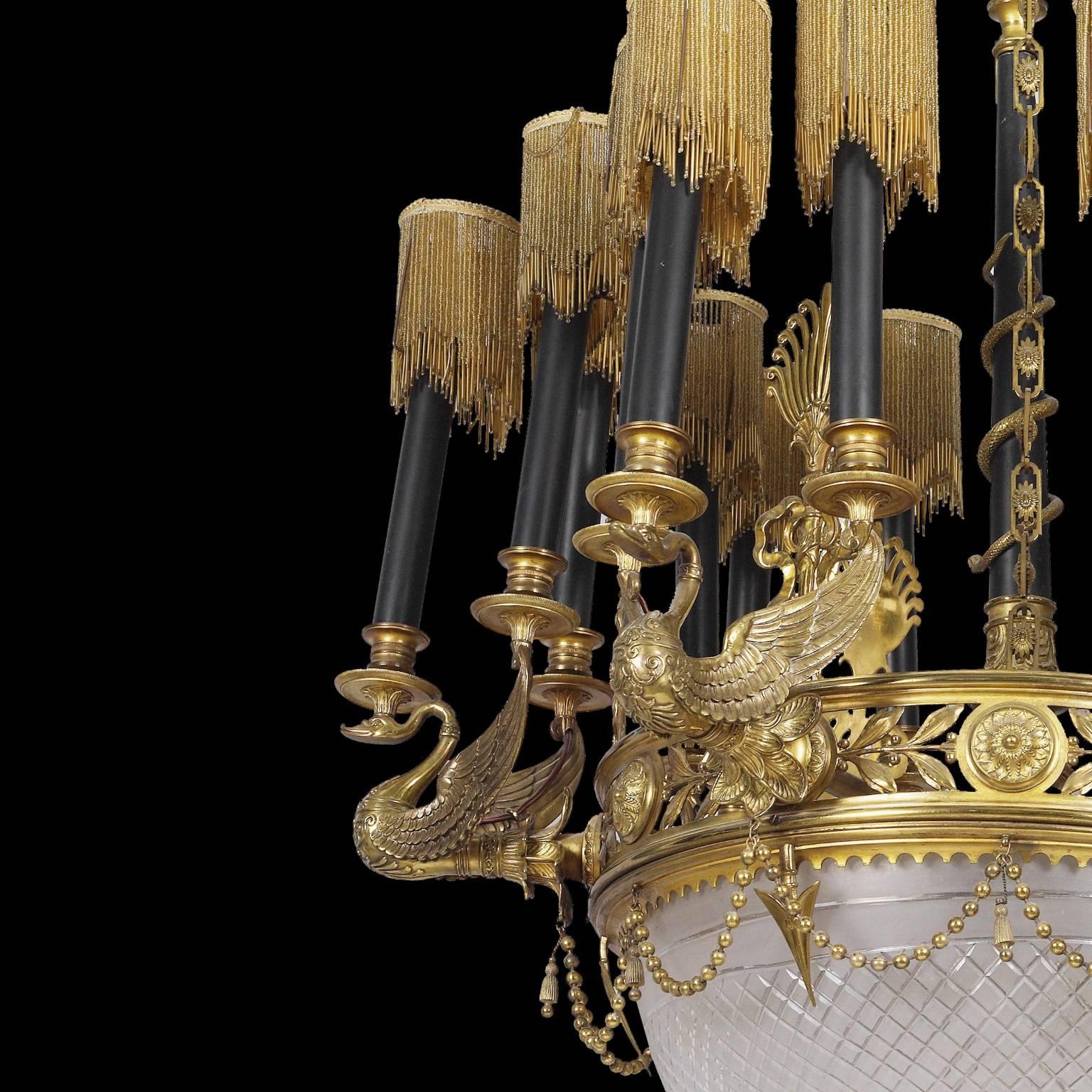 Gilt Large Empire style cut glass, gilt and patinated bronze French chandelier