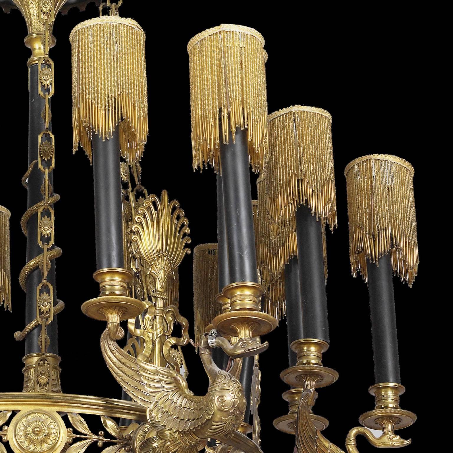 Large Empire style cut glass, gilt and patinated bronze French chandelier In Good Condition In London, GB