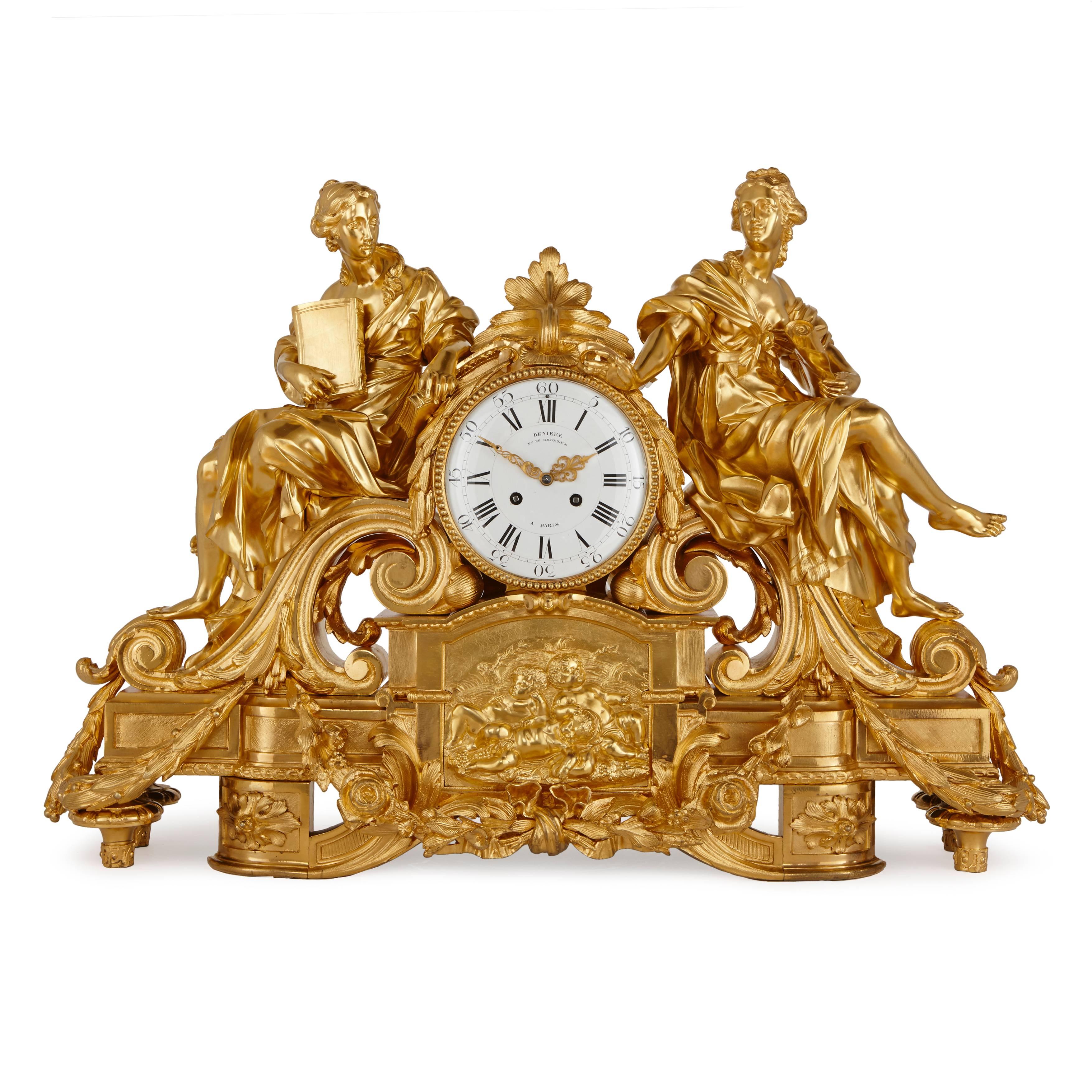 The central circular dial signed 'Denière / Ft de Bronzes / A Paris', within a Fine surrounding ormolu case depicting two seated full length figures of a male and female, the male representing Architecture and the female representing Literature,