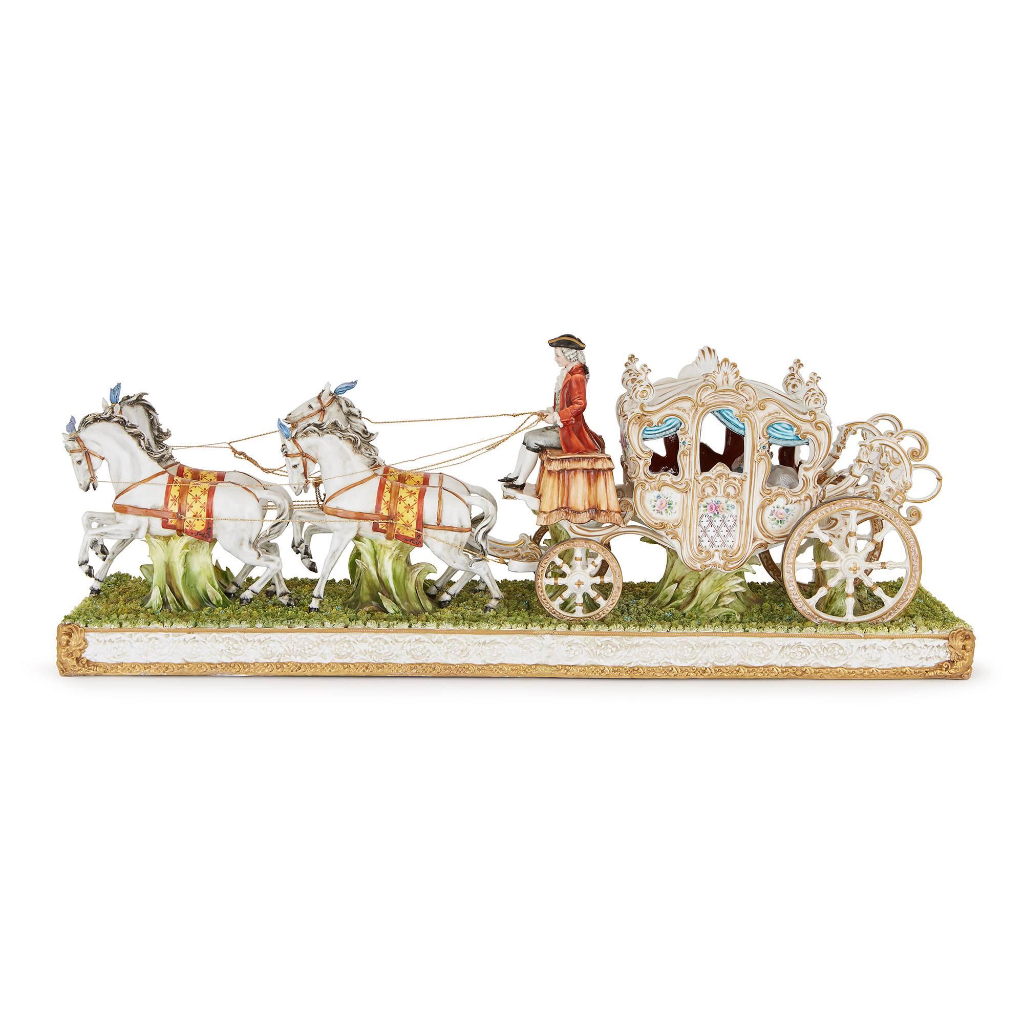 Arts and Crafts Groupe italien de chevaux et de chariots en porcelaine Tiche en vente