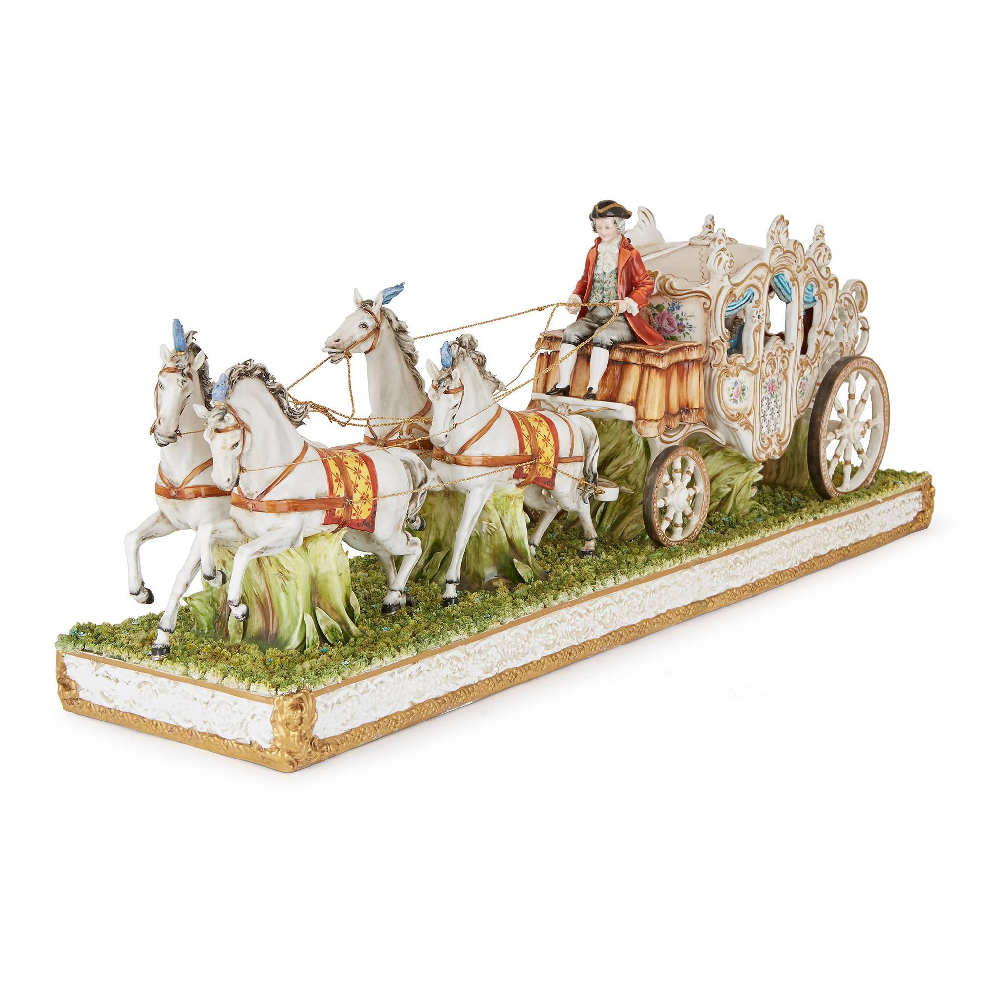 Modelled as four horses drawing a florally decorated carriage with a coachman seated at the front and a lady inside, with blue Tiche mark to centre of rear axle.

This stately horse and carriage group is executed to an exceptionally high level of