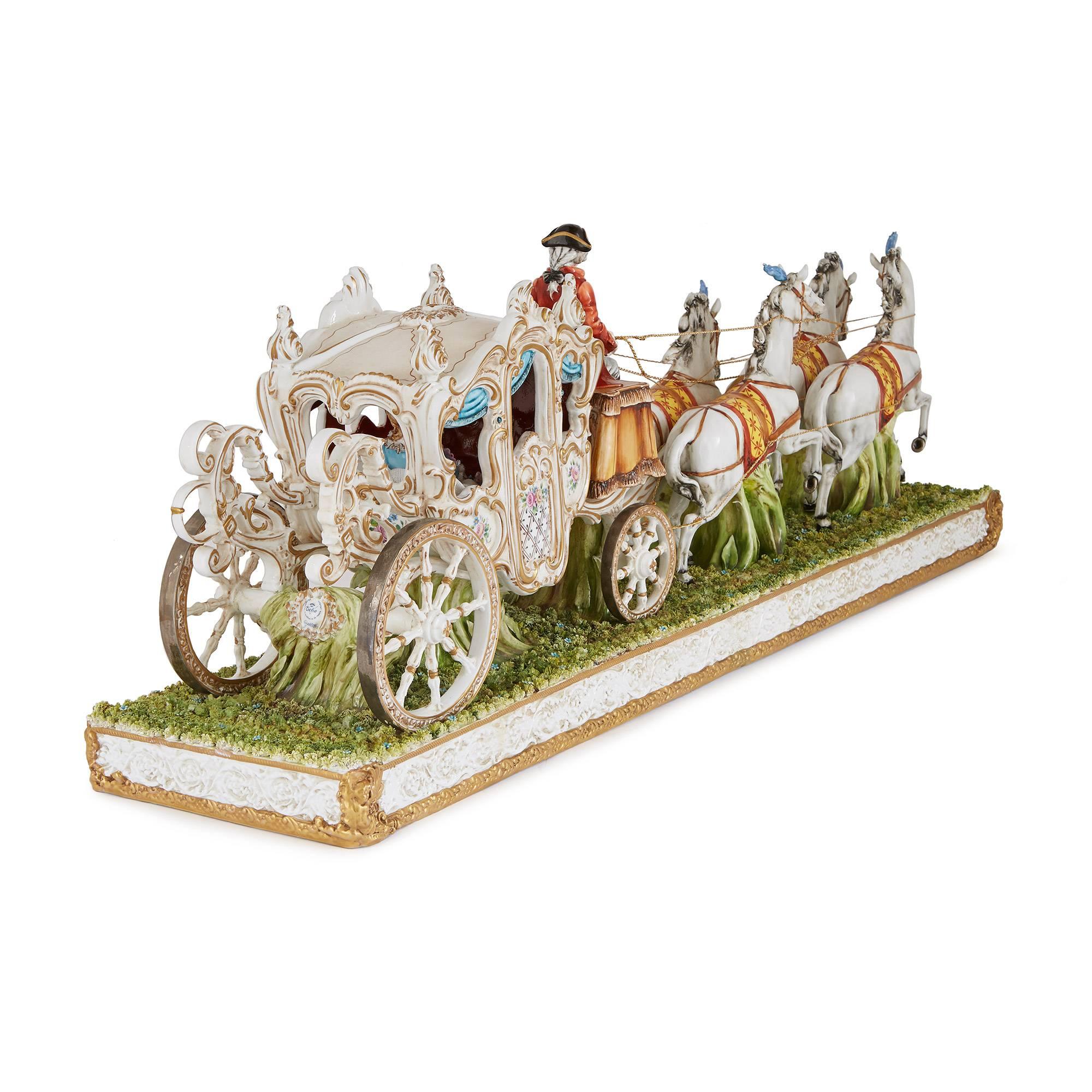 Arts and Crafts Italian Tiche porcelain horse and carriage group For Sale