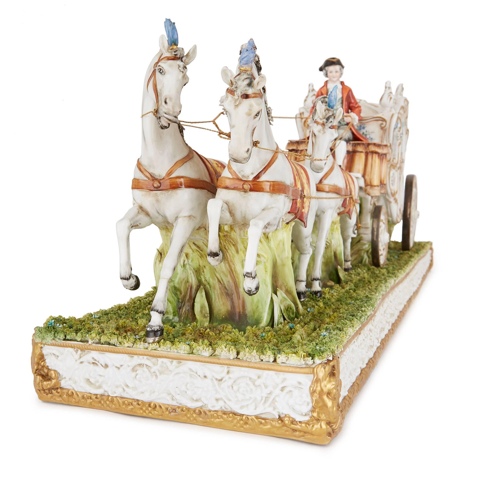 20ième siècle Groupe italien de chevaux et de chariots en porcelaine Tiche en vente