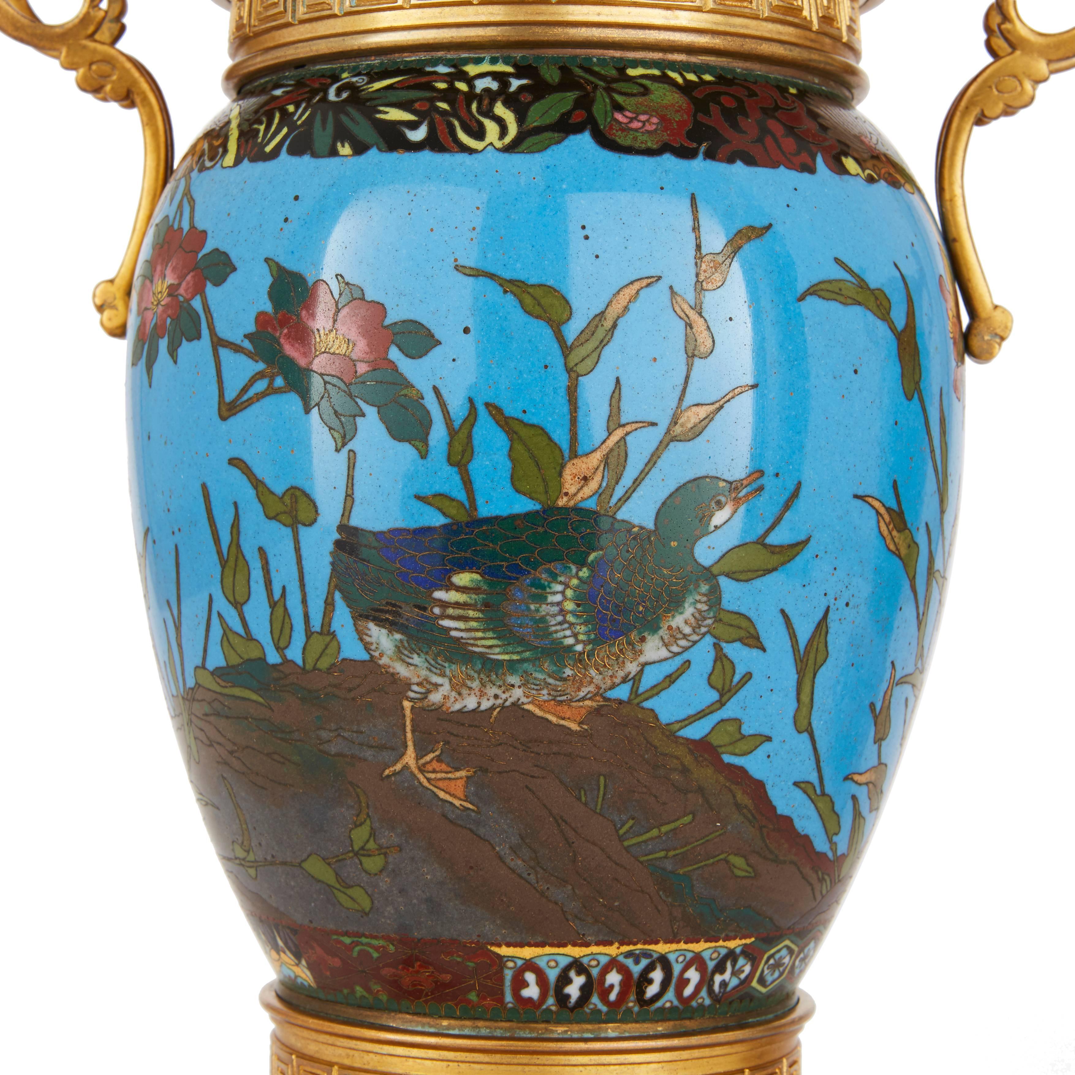 Chinoiserie Pair of Ormolu-Mounted Cloisonné Enamel Vases For Sale