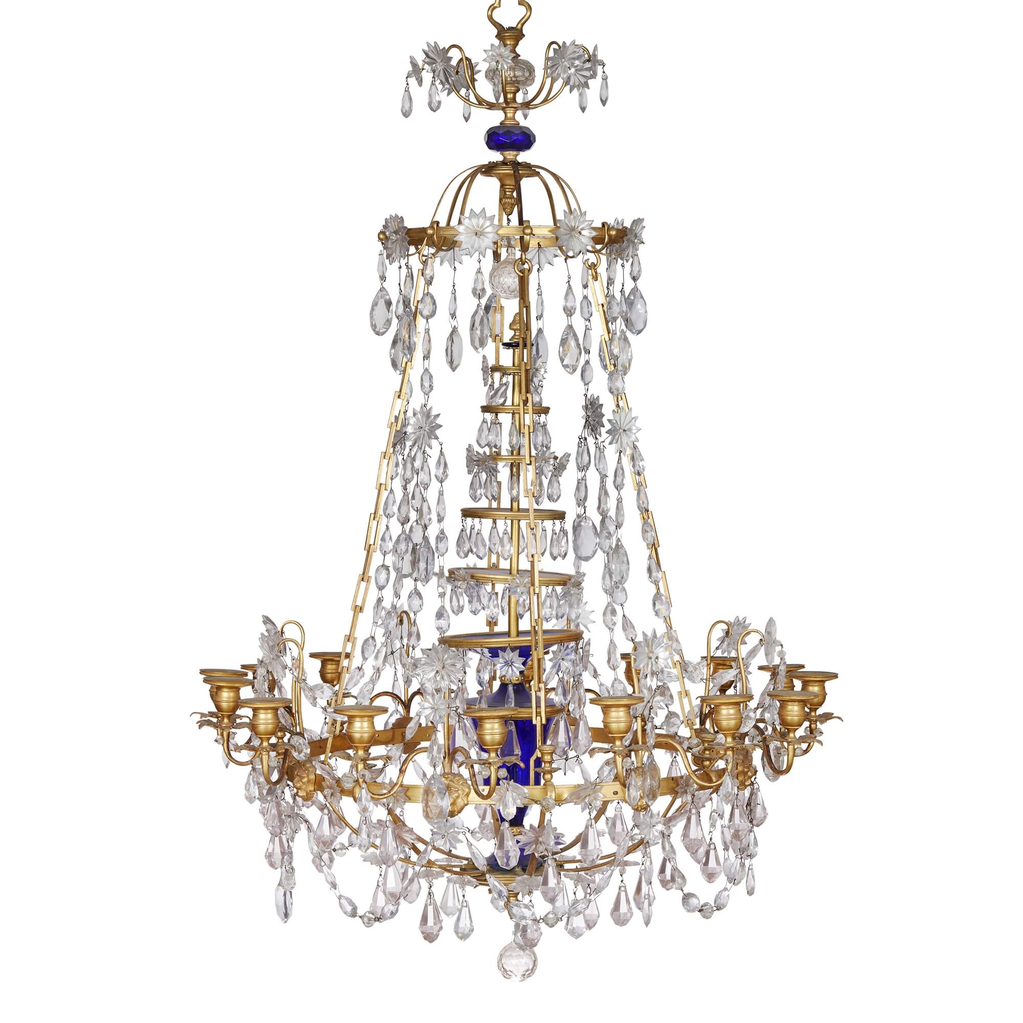 Antique Baltic Gilt Bronze, Blue and Amethyst Glass Chandelier For Sale