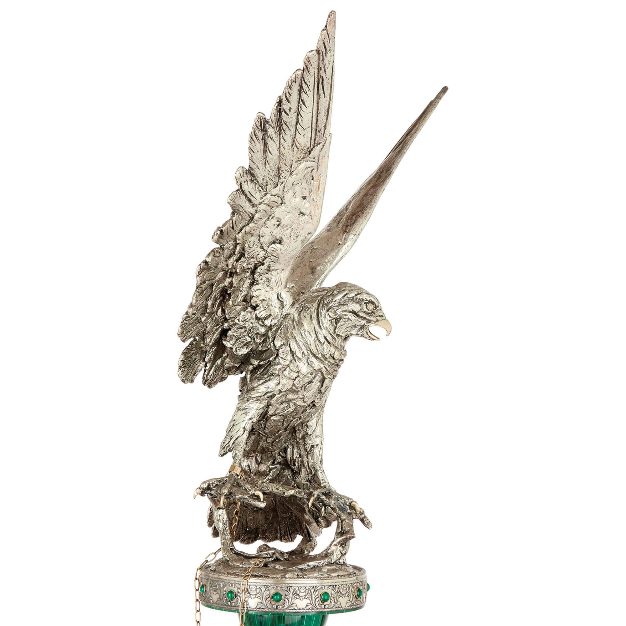 Moderno Grande Aquila moderna in argento dorato e vermeil con diamanti e malachite Giaconi & Gioli in vendita