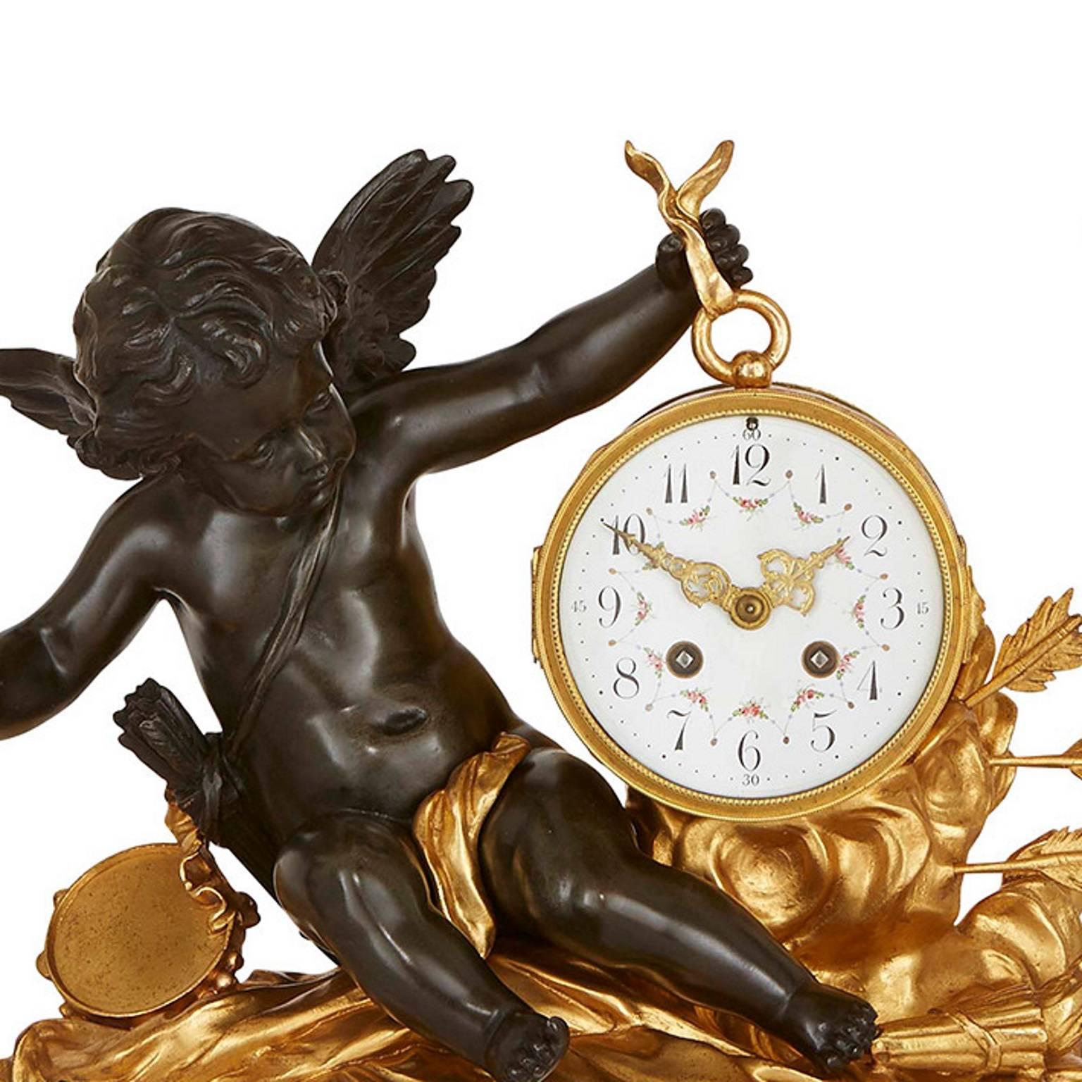 French White Marble Mounted Gilt and Patinated Bronze Three-Piece Clock Set For Sale