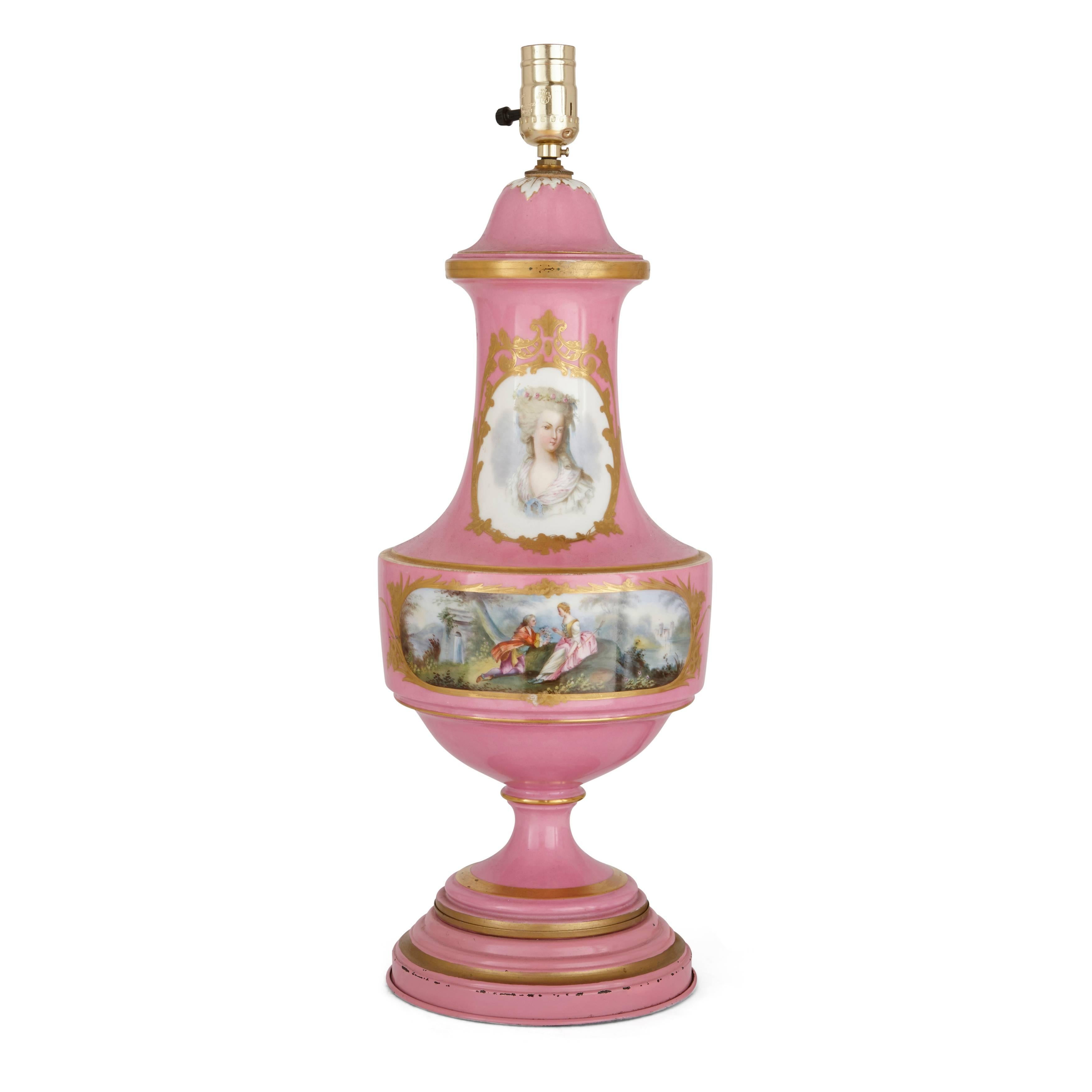 French Pair of Sèvres Style Parcel-Gilt Pink Porcelain Lamps