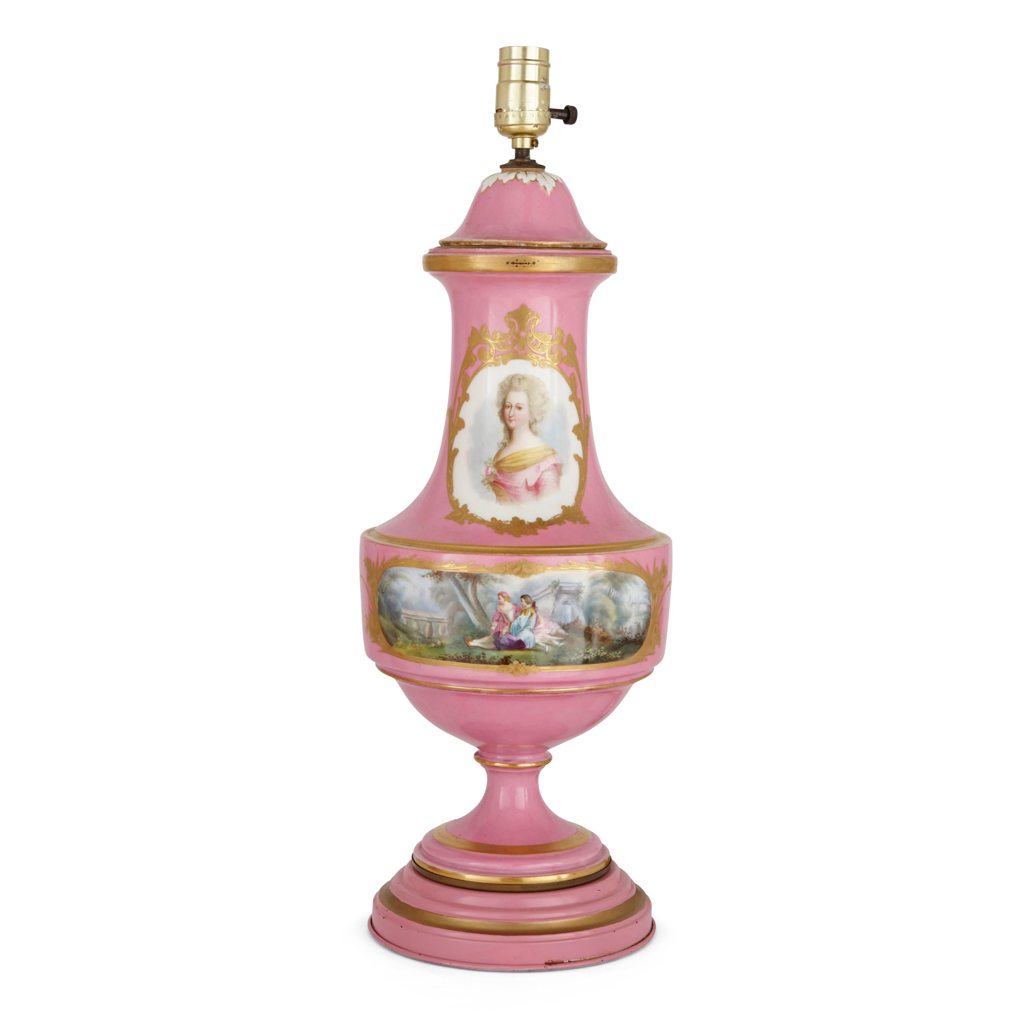 Pair of Sèvres Style Parcel-Gilt Pink Porcelain Lamps In Good Condition In London, GB