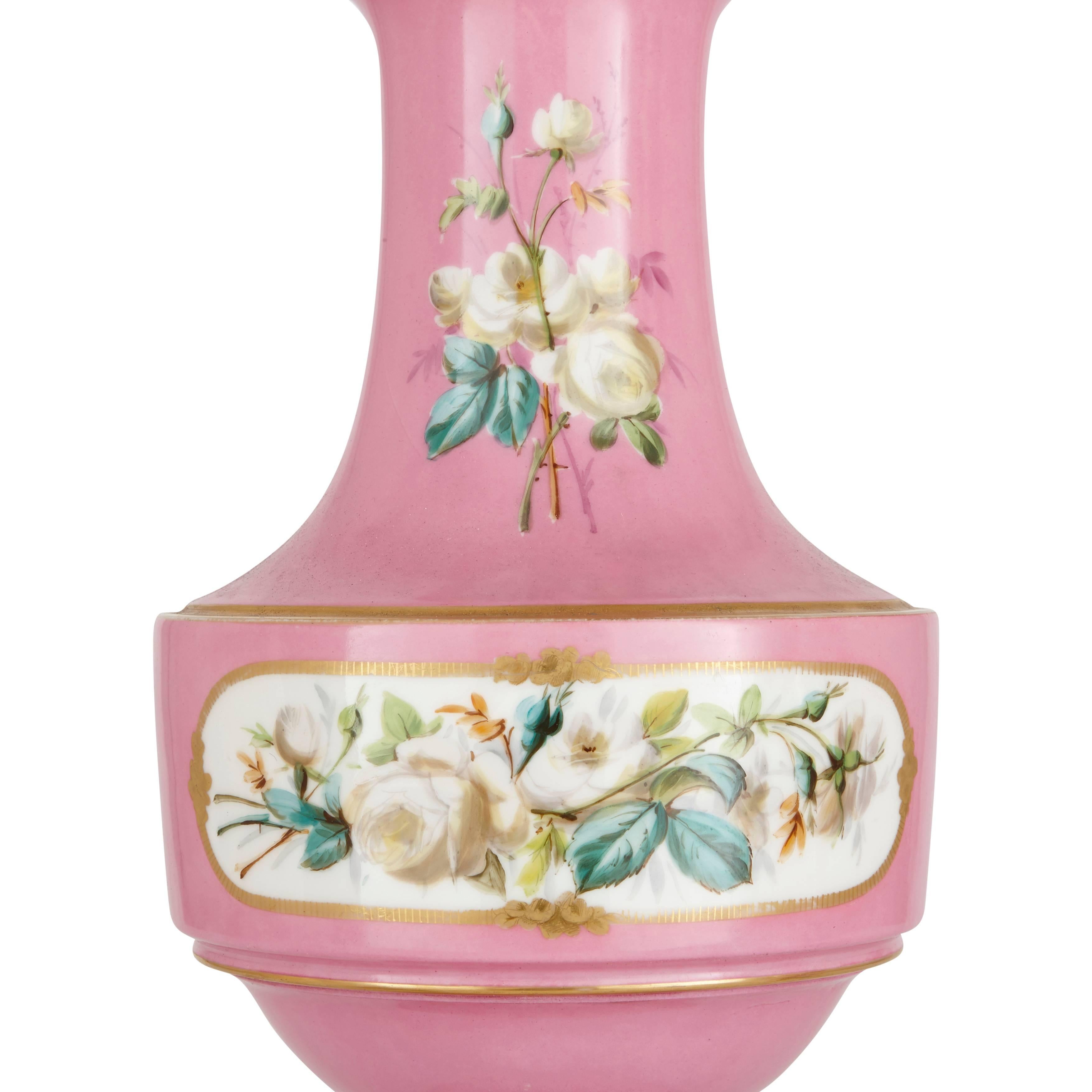 Gold Leaf Pair of Sèvres Style Parcel-Gilt Pink Porcelain Lamps
