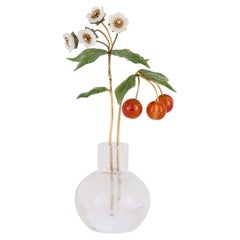 Fabergé-Style Hardstone Cherry Branch in Rock Crystal Vase