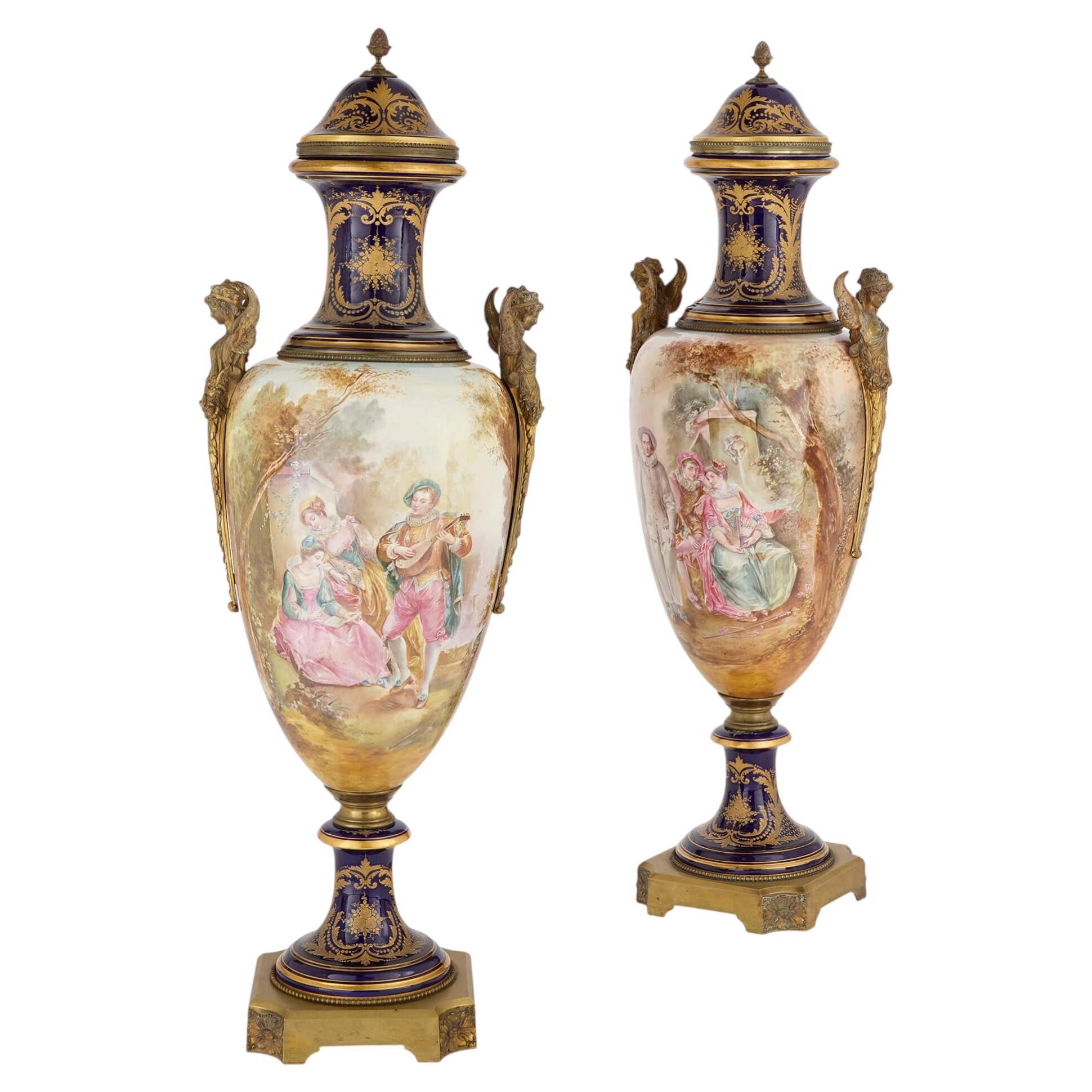 Large and Impressive Pair of Ormolu Mounted Sèvres-Style Porcelain Vases