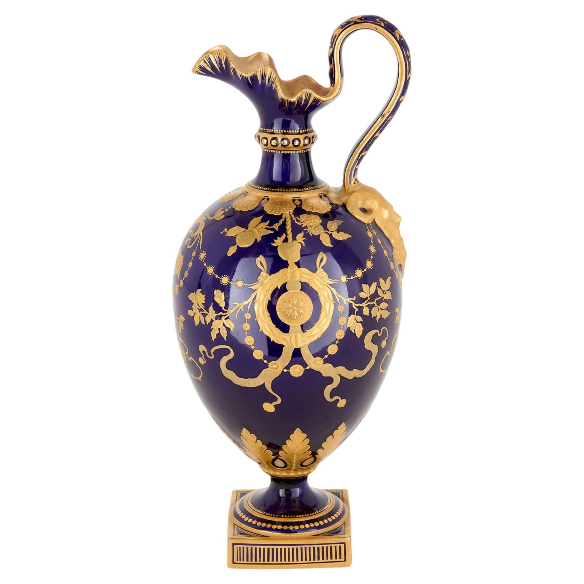 Royal Crown Derby Neoclassical Cobalt-Ground and Gilt Porcelain Ewer For Sale