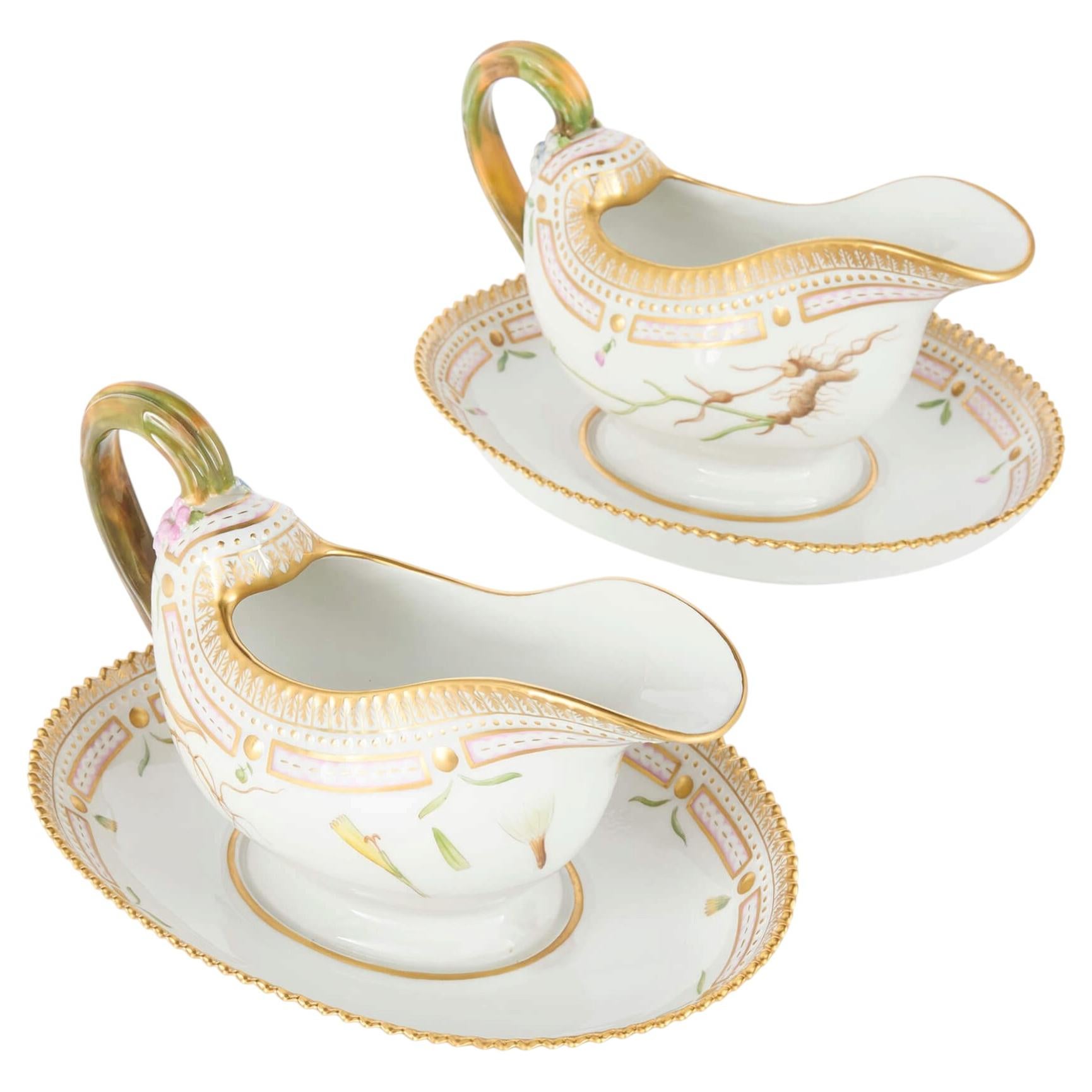 Pair of Royal Copenhagen Flora Danica Porcelain Sauce Boats and Stands