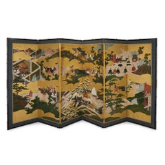 Pair of Japanese Six-Panel Tale of Genji Screens