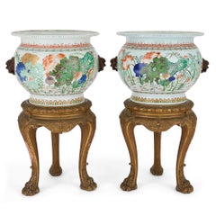 Pair of Samson Famille Verte Porcelain Jardinières on Stands