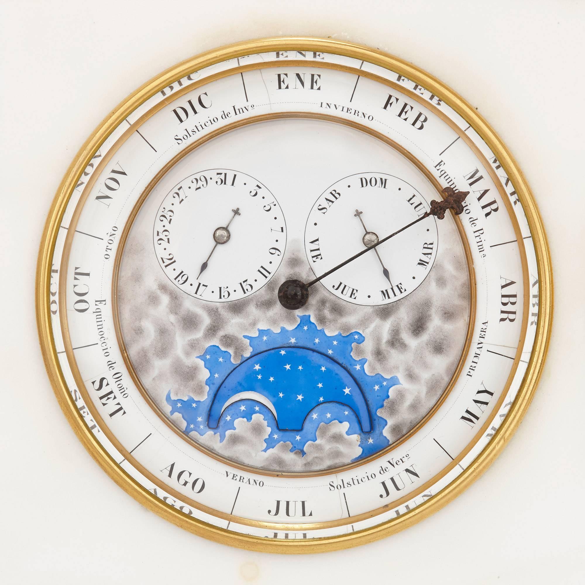 Francese Orologio da tavolo in marmo di Carrara con barometro, termometro e calendario perpetuo in vendita