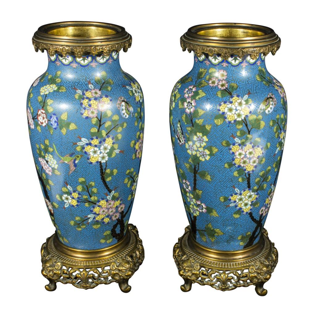 Cloissoné Pair of Japonisme Ormolu Mounted Cloisonne Enamel Vases