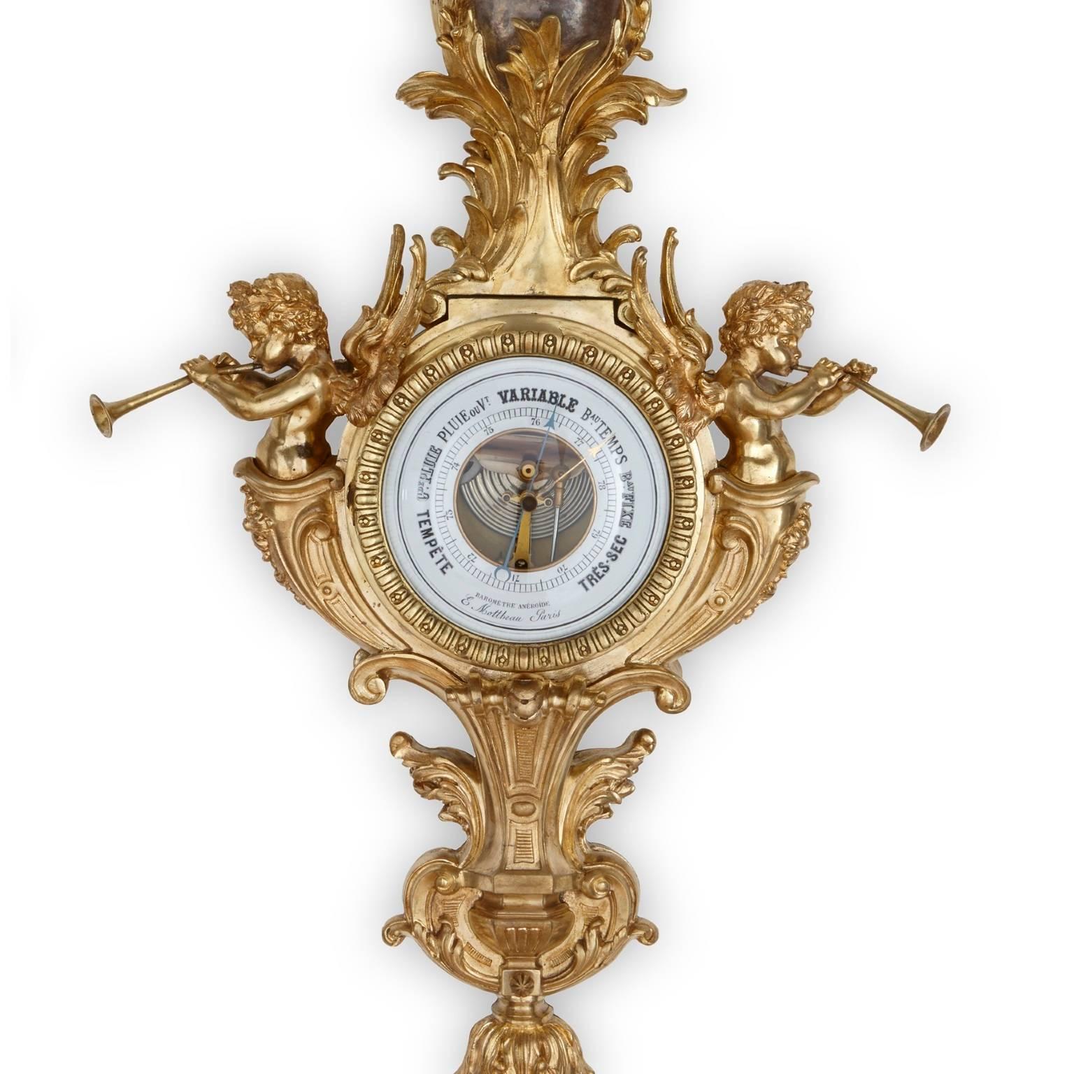 Antike französische Goldbronze-Uhr und Barometer-Set im neoklassischen Stil von Mottheau (Vergoldet) im Angebot