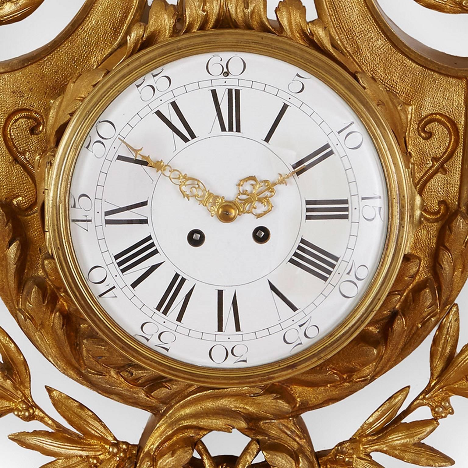 French Neoclassical Style Gilt Bronze Cartel Cartel Clock with Lyre-Shaped Back Plate For Sale