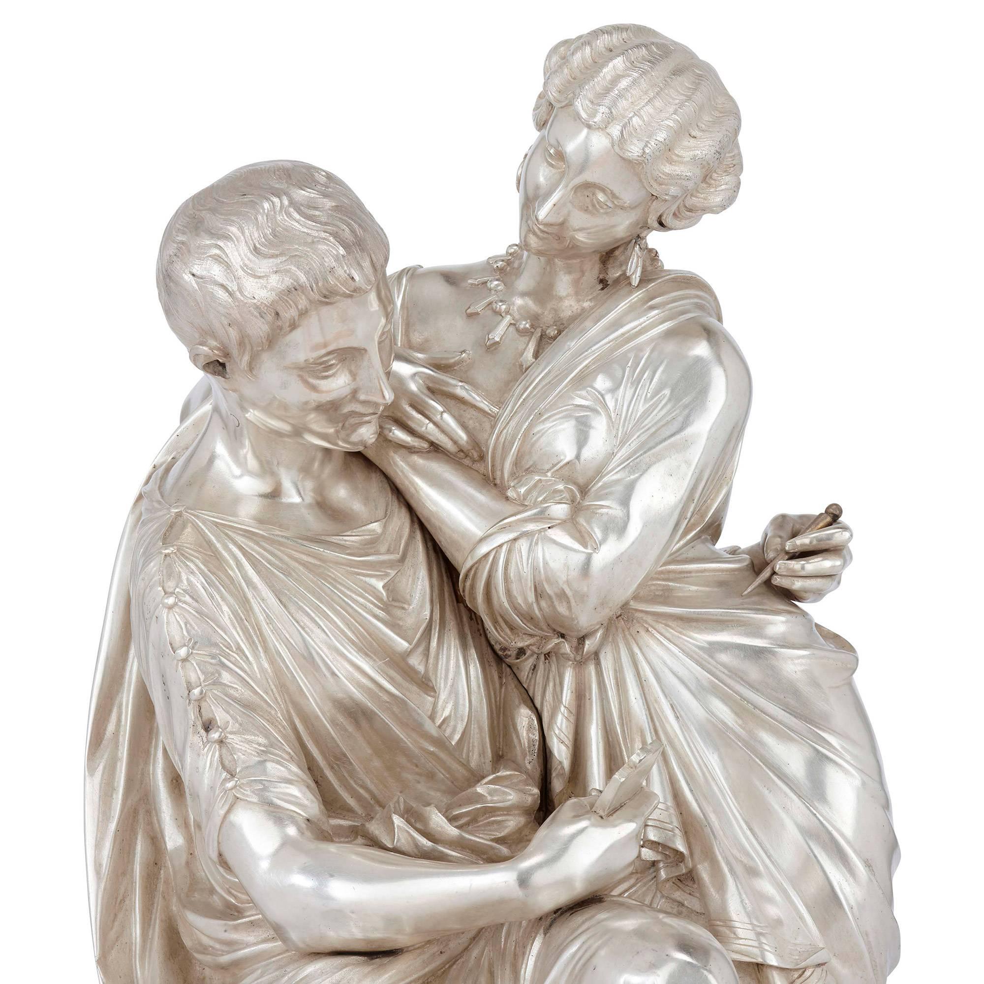 Neoclassical Silvered and Gilt Bronze Antique French Figural Sculpture of a Couple by Devaulx For Sale