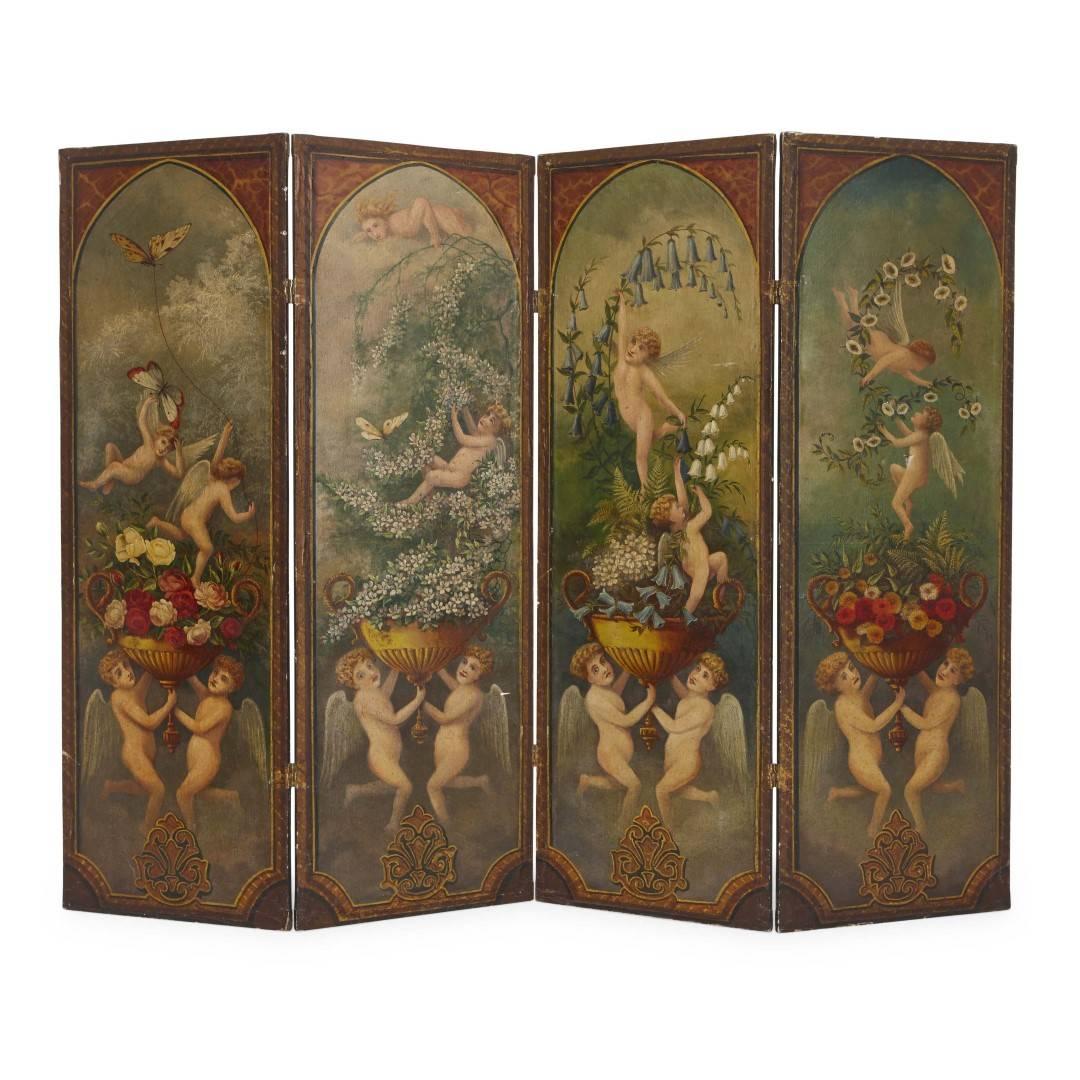 Decorated with figures of winged cherubs amongst vases of flowers and other similar subjects, the reverse painted with landscape scenes.

This beautiful antique French folding screen is decorated with images of Classical cherubs, who play among