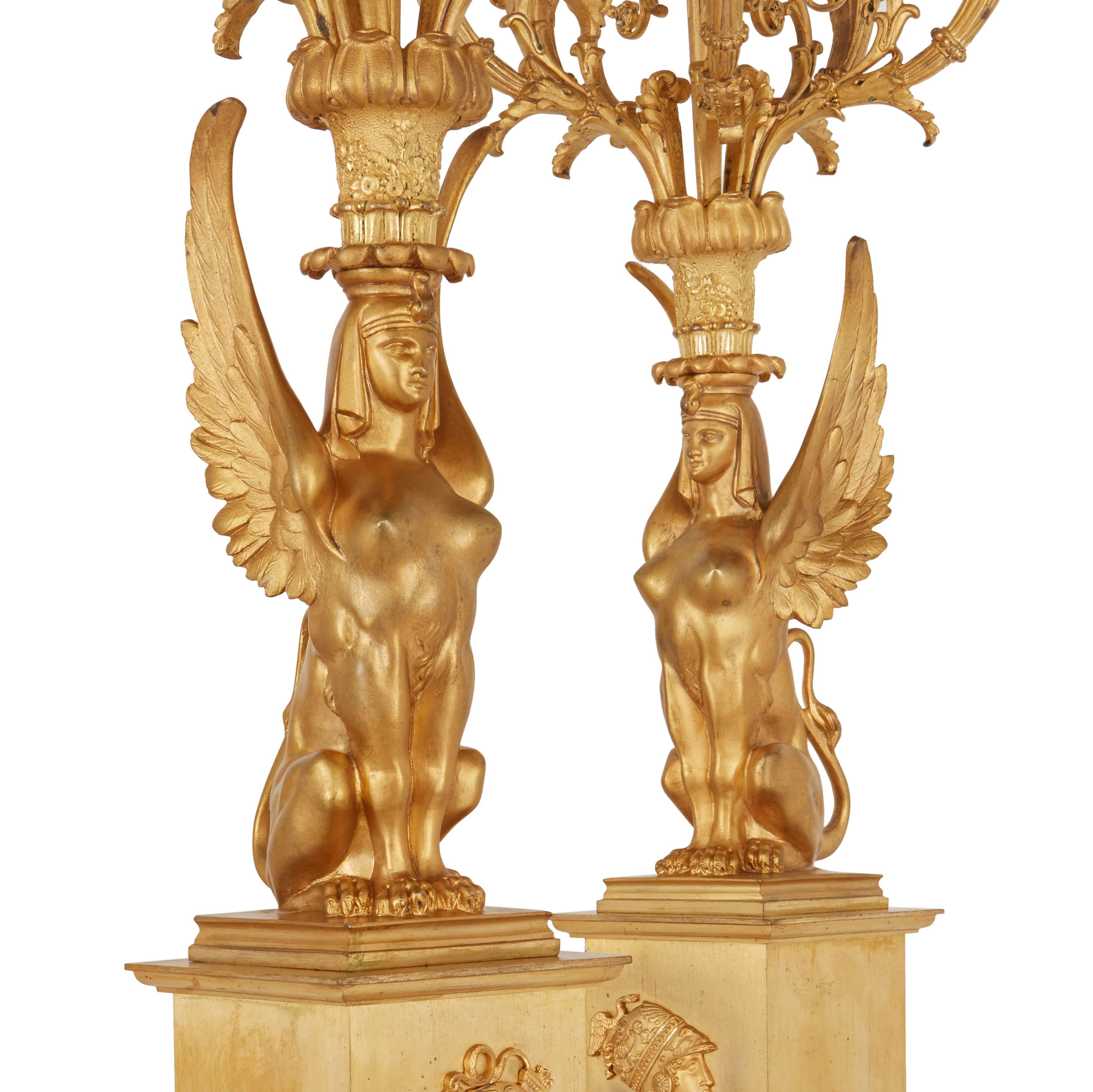 Gilt Empire Style Ormolu Clock Set Depicting the Oath of the Horatii For Sale