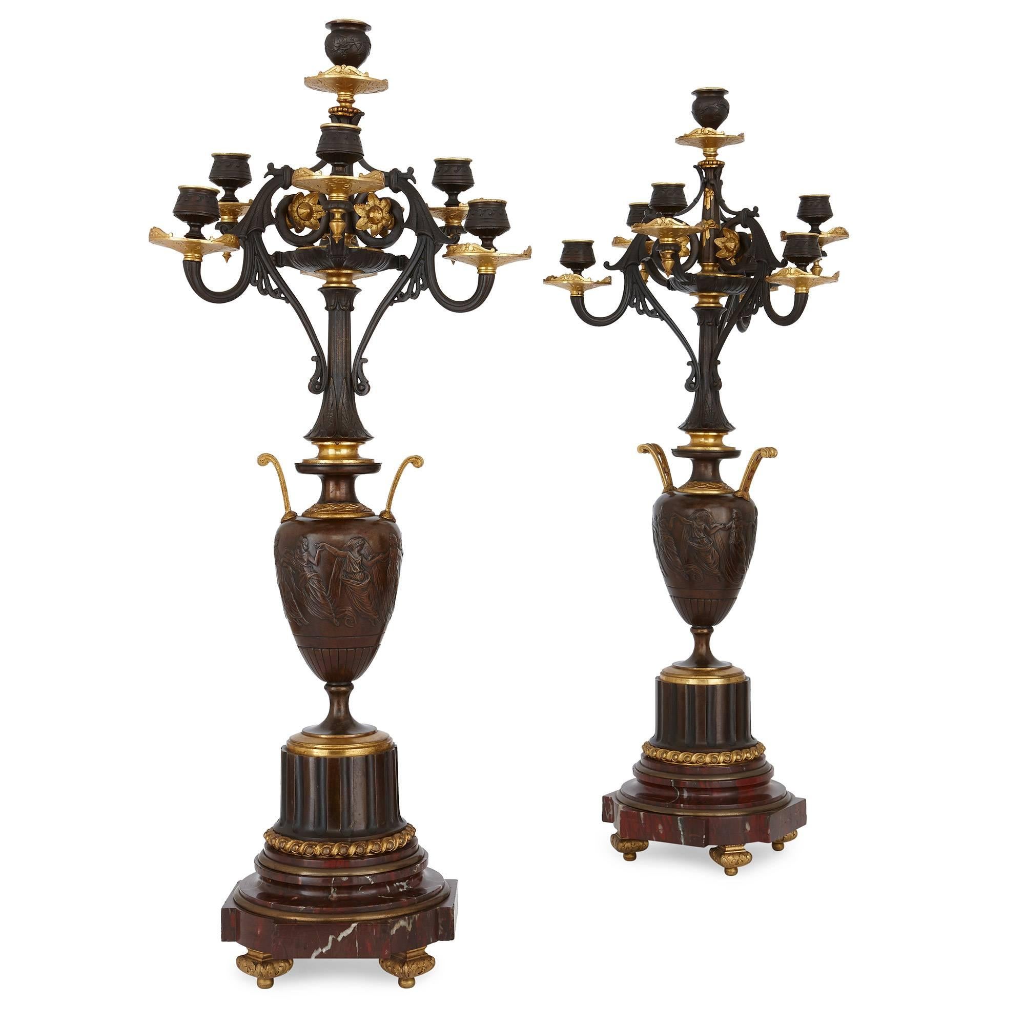 French Lemerle-Charpentier & Compagnie Red Marble, Gilt and Patinated Bronze Clock Set For Sale