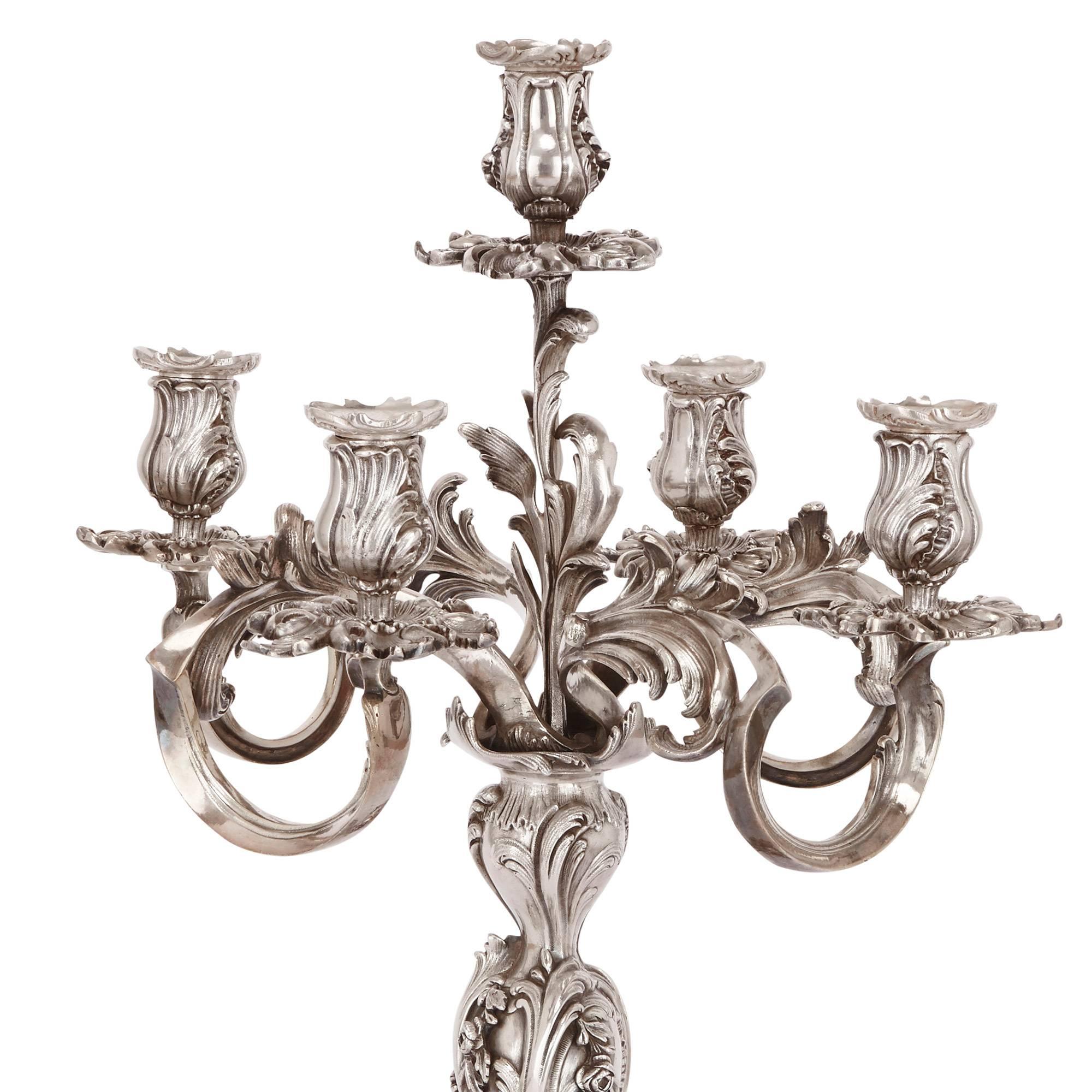 Antique Pair of Rococo Style French Silvered Bronze Candelabra In Excellent Condition In London, GB