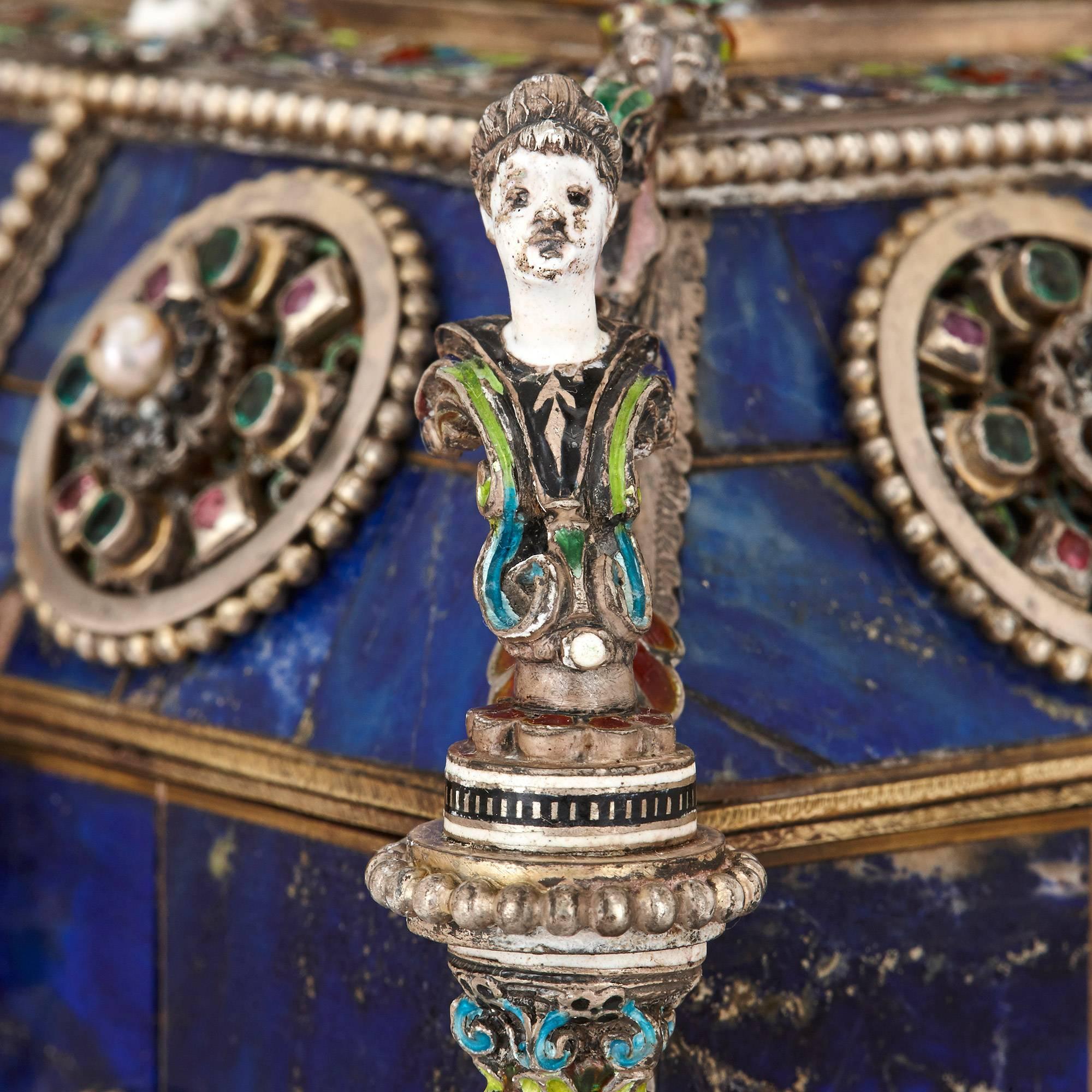 Austrian Antique Viennese Enamel and Silver Mounted Lapis Lazuli Casket by Hermann Bohm