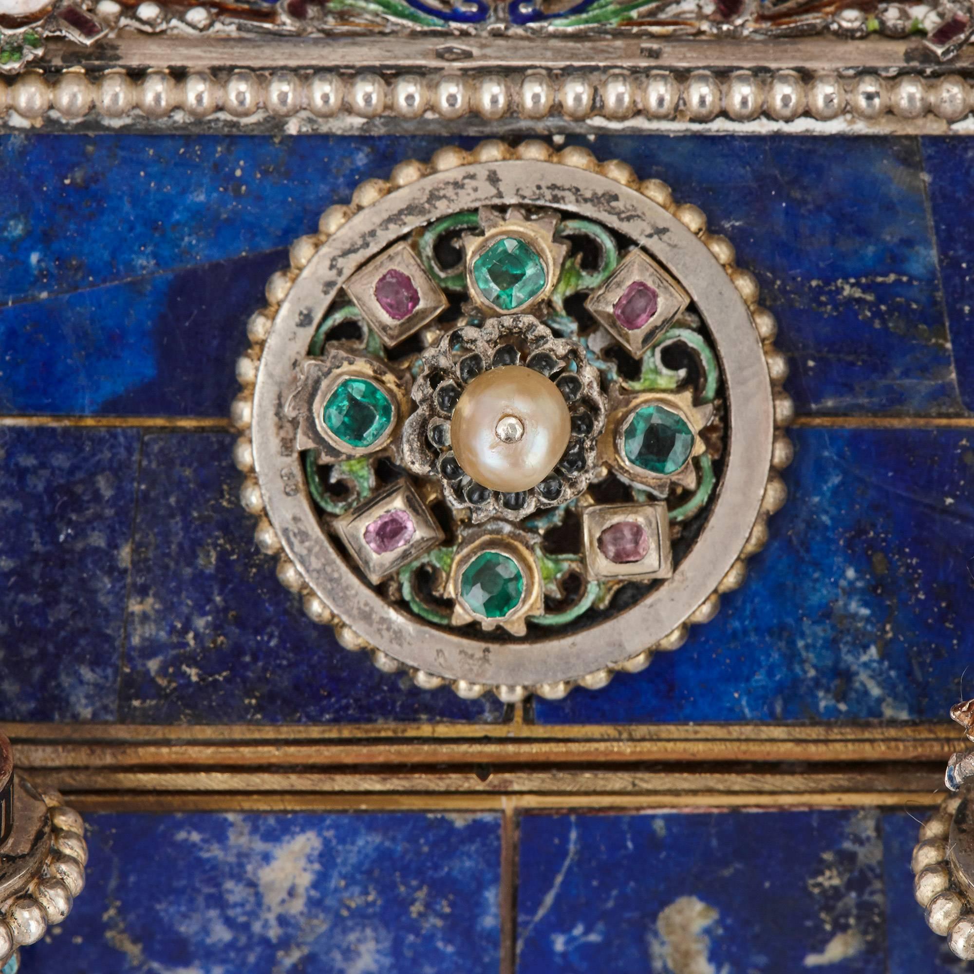 Antique Viennese Enamel and Silver Mounted Lapis Lazuli Casket by Hermann Bohm In Excellent Condition In London, GB