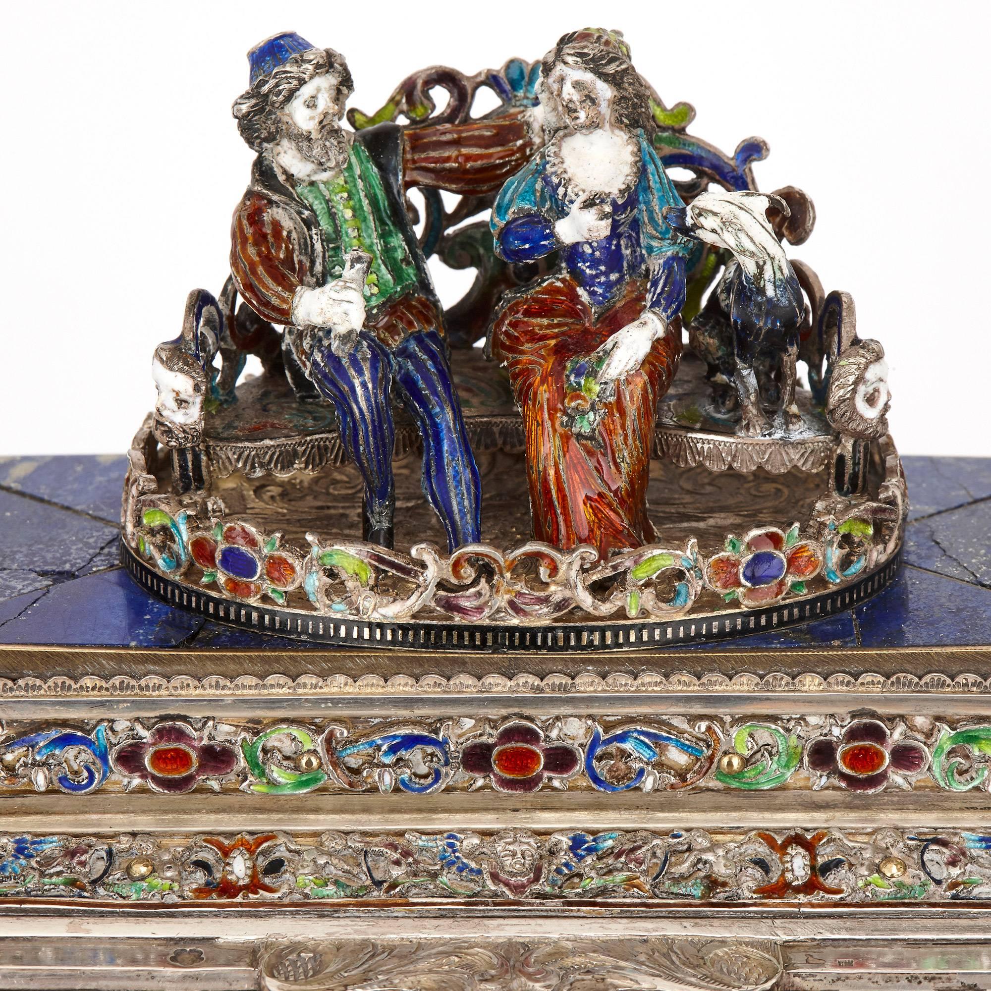 Renaissance Antique Viennese Enamel and Silver Mounted Lapis Lazuli Casket by Hermann Bohm