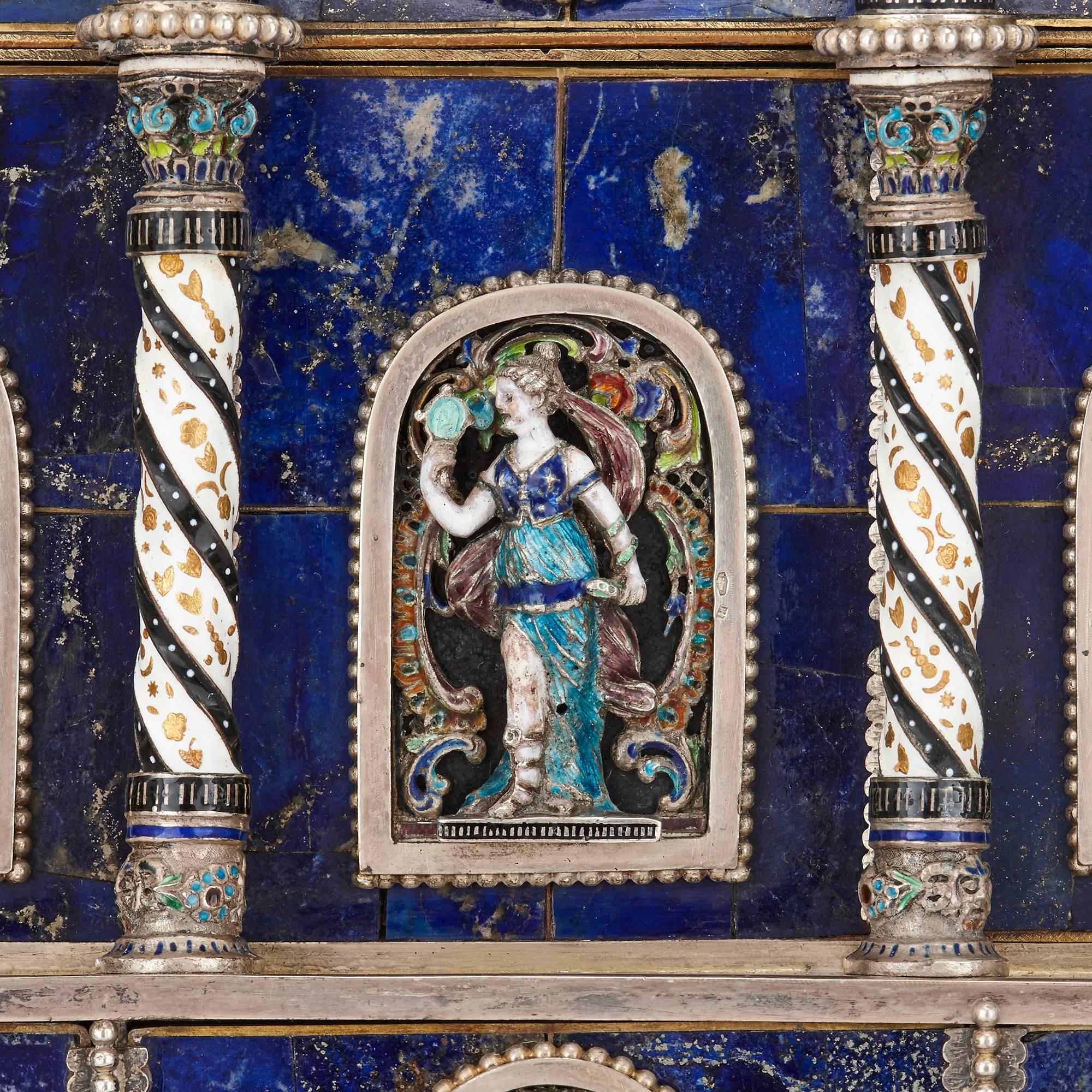 19th Century Antique Viennese Enamel and Silver Mounted Lapis Lazuli Casket by Hermann Bohm