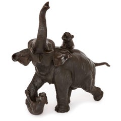Japanese Meiji Period Patinated Bronze Group of Tigers Attacking an Elephant