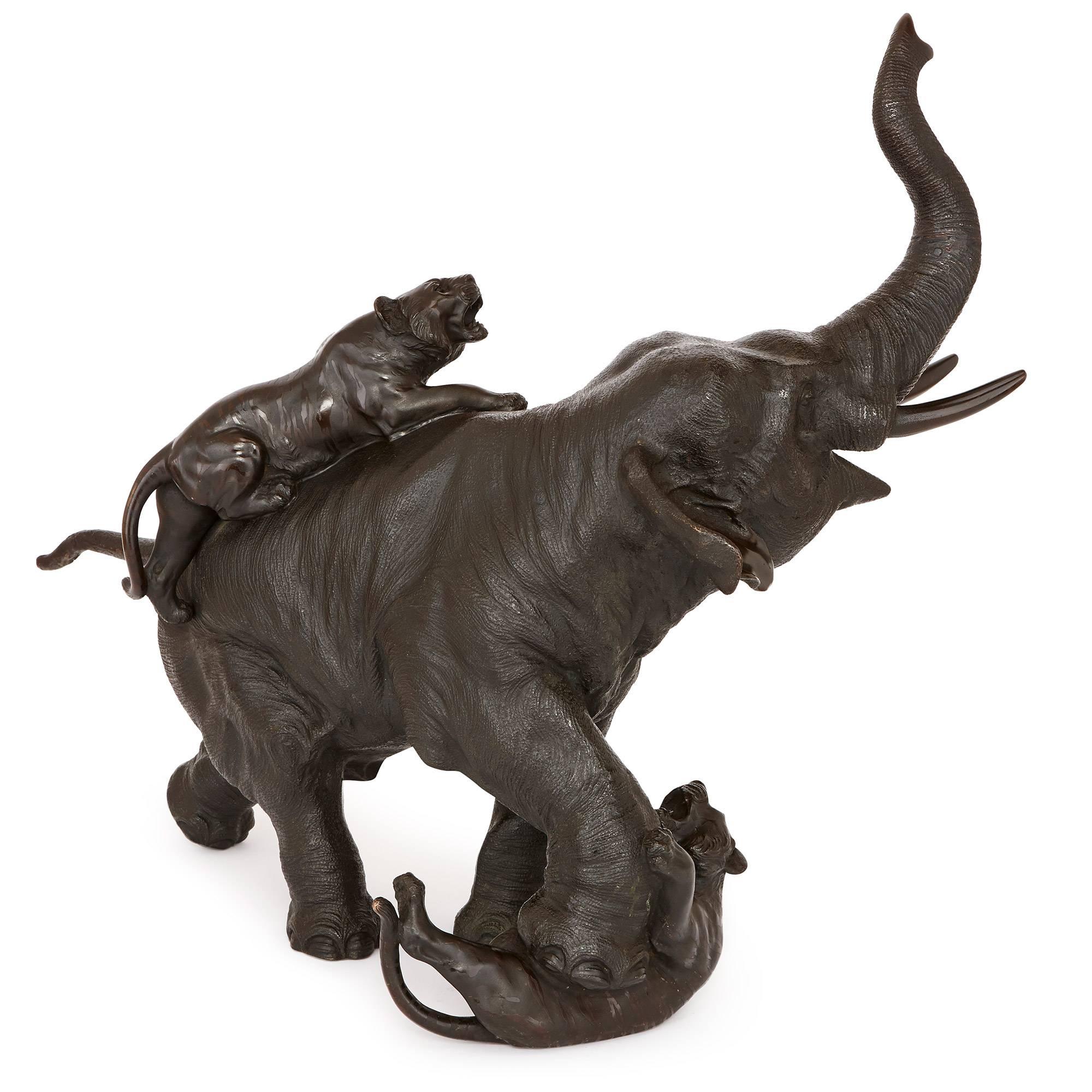 Japanese Meiji Period Patinated Bronze Group of Tigers Attacking an Elephant In Excellent Condition In London, GB