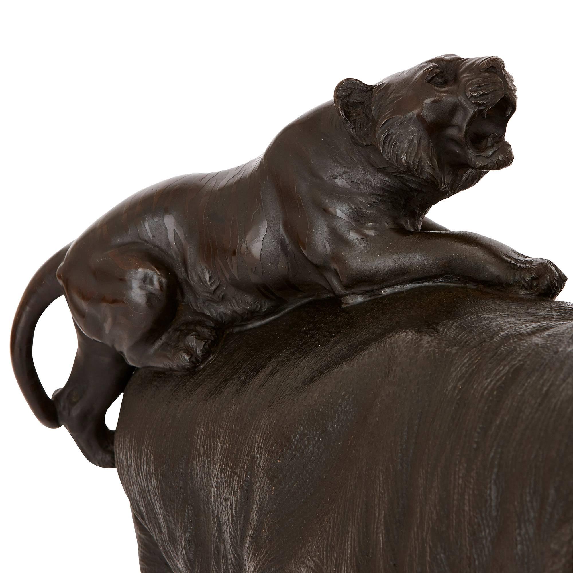 Japanese Meiji Period Patinated Bronze Group of Tigers Attacking an Elephant 1