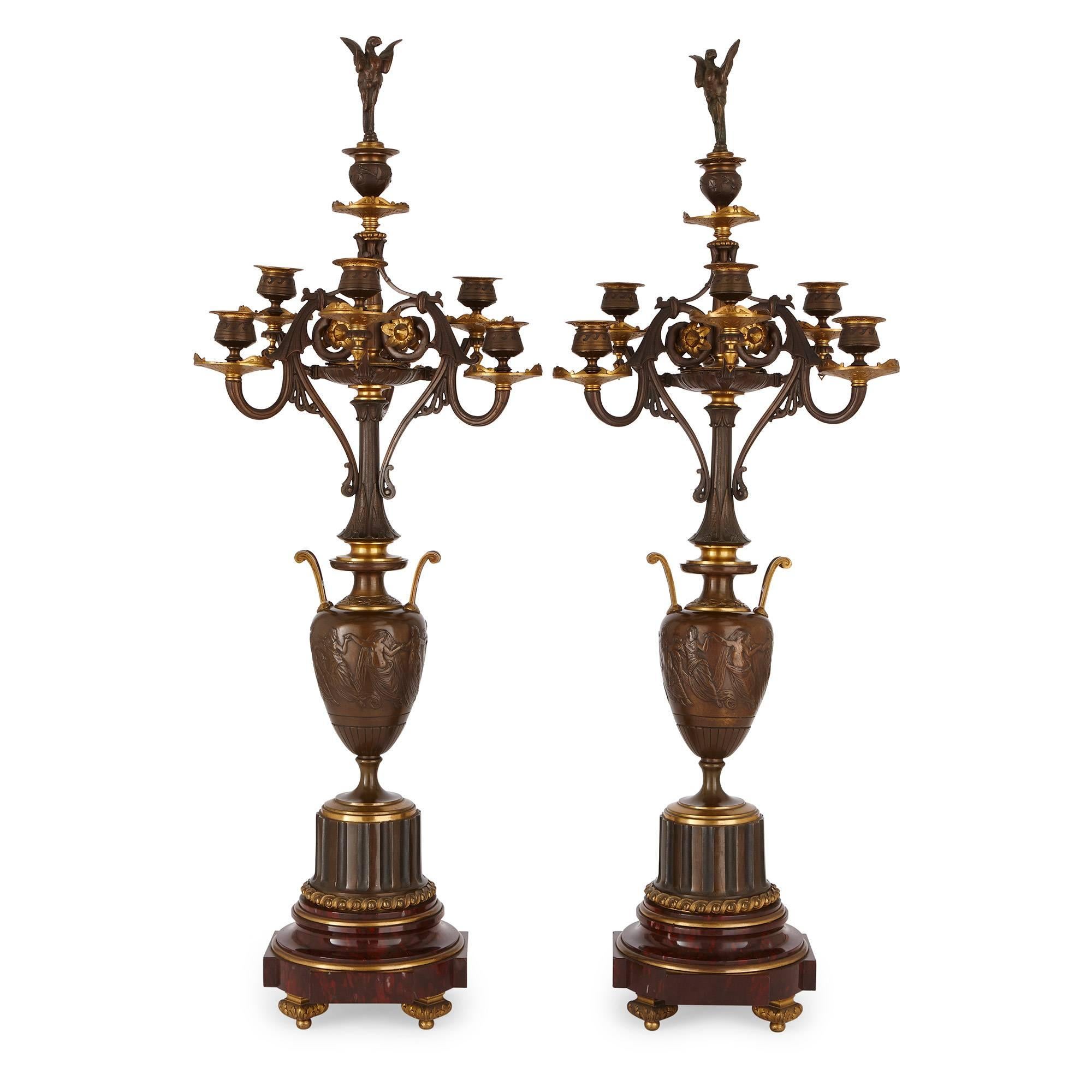 19th Century Lemerle-Charpentier & Cie Marble, Gilt and Patinated Bronze Clock Set For Sale