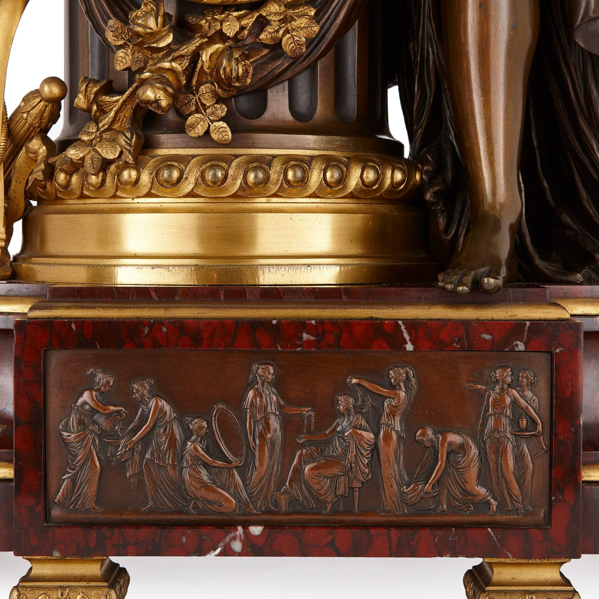 Neoclassical Lemerle-Charpentier & Cie Marble, Gilt and Patinated Bronze Clock Set For Sale