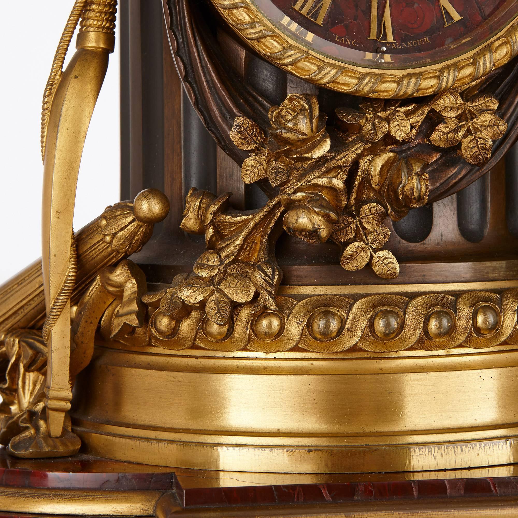 Lemerle-Charpentier & Cie Marble, Gilt and Patinated Bronze Clock Set In Excellent Condition For Sale In London, GB