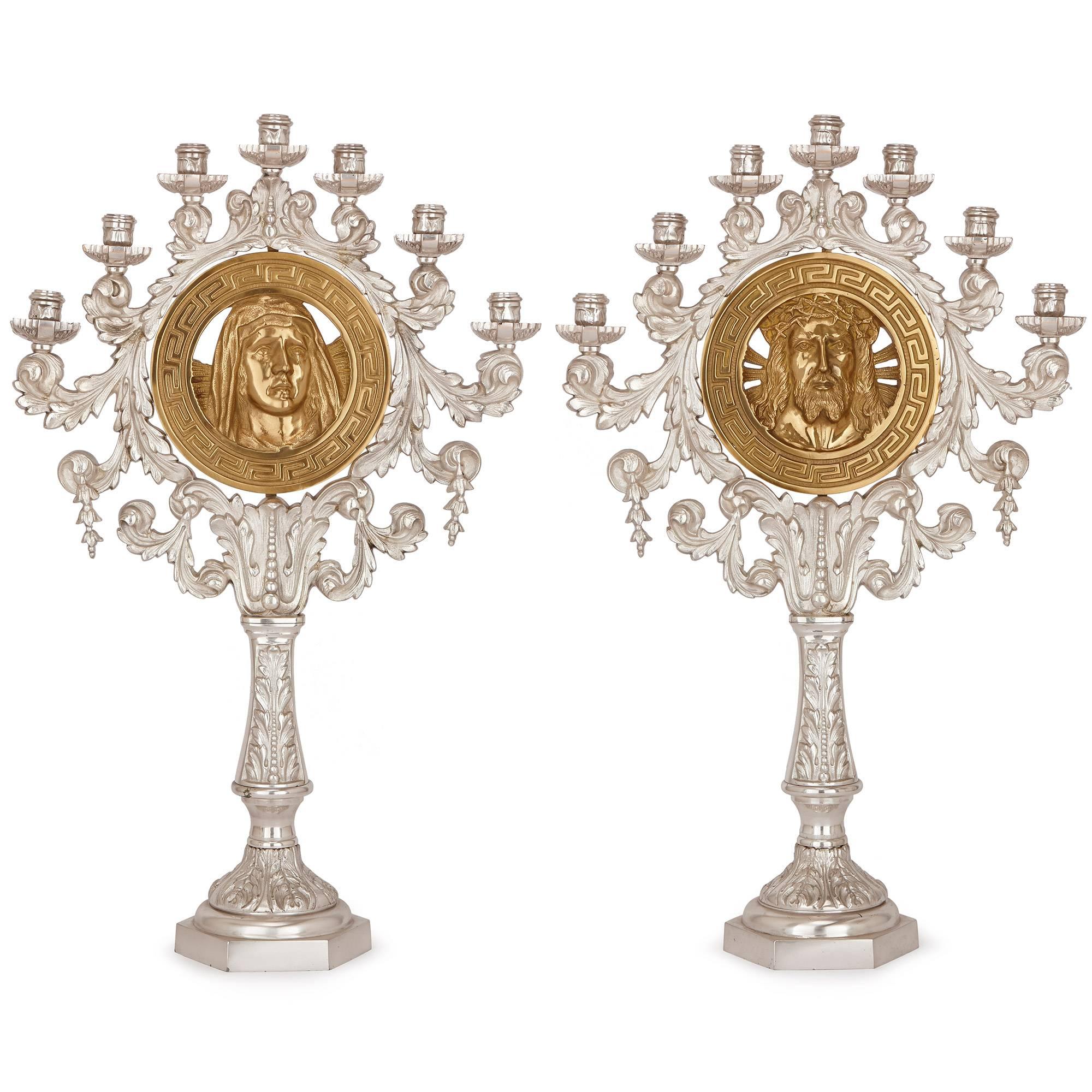 Pair of French Gilt and Silvered Bronze Candelabra, Depicting Jesus and Madonna
