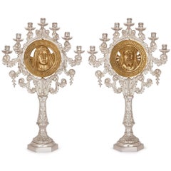Pair of French Gilt and Silvered Bronze Candelabra, Depicting Jesus and Madonna