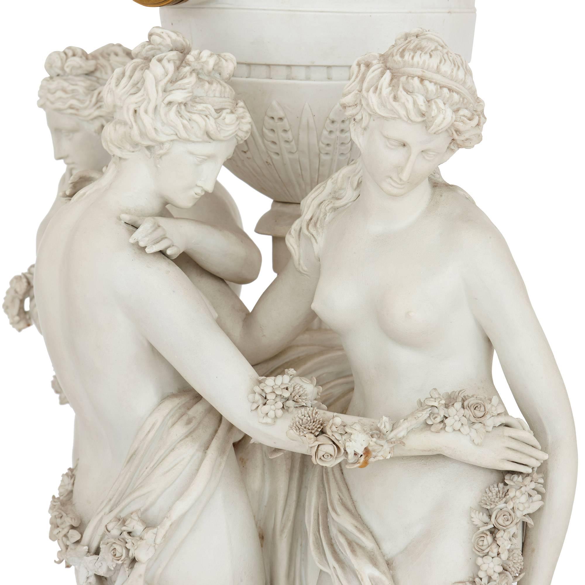 French Antique Bisque Porcelain Mantel Clock of the Three Graces