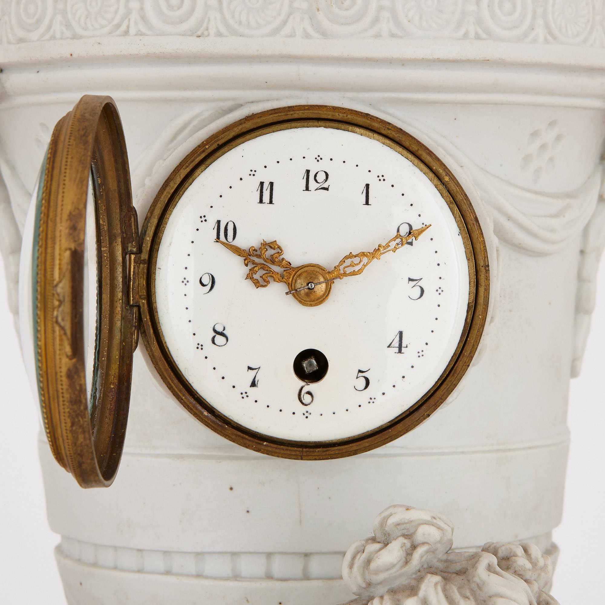 Neoclassical Antique Bisque Porcelain Mantel Clock of the Three Graces