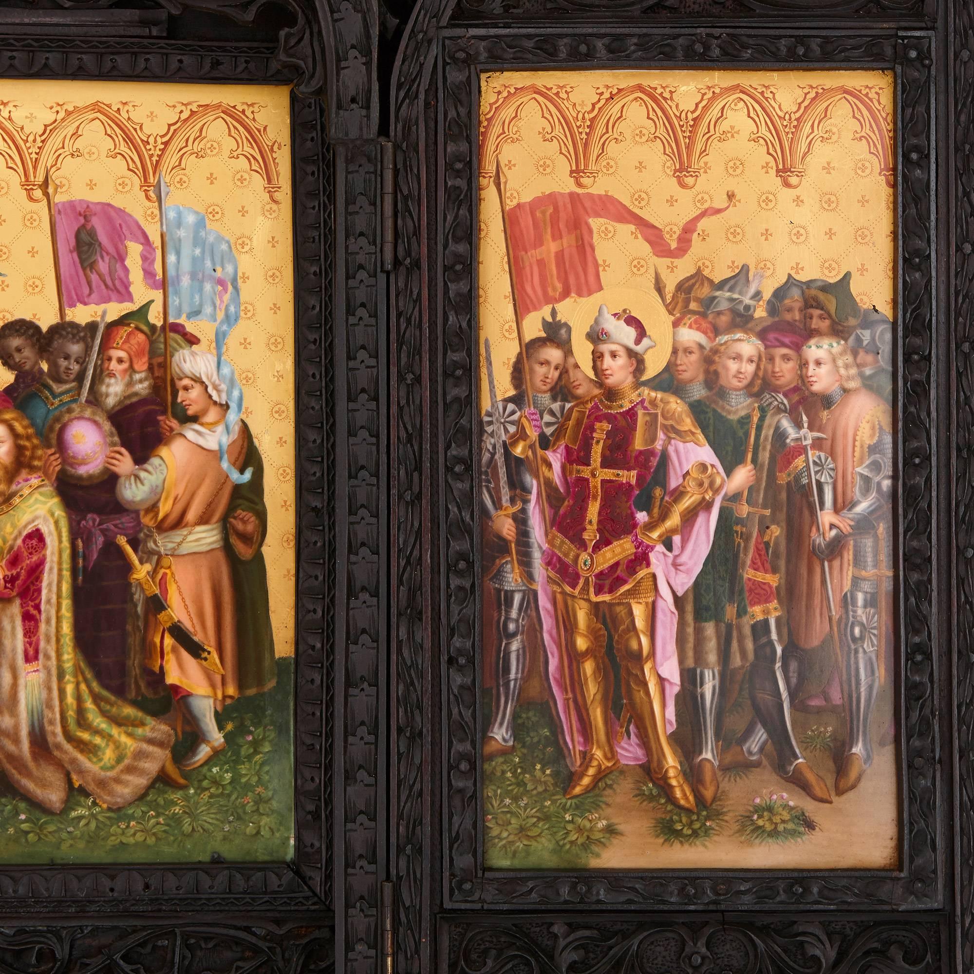 German Gothic Revival Carved Oak and KPM Porcelain Triptych For Sale