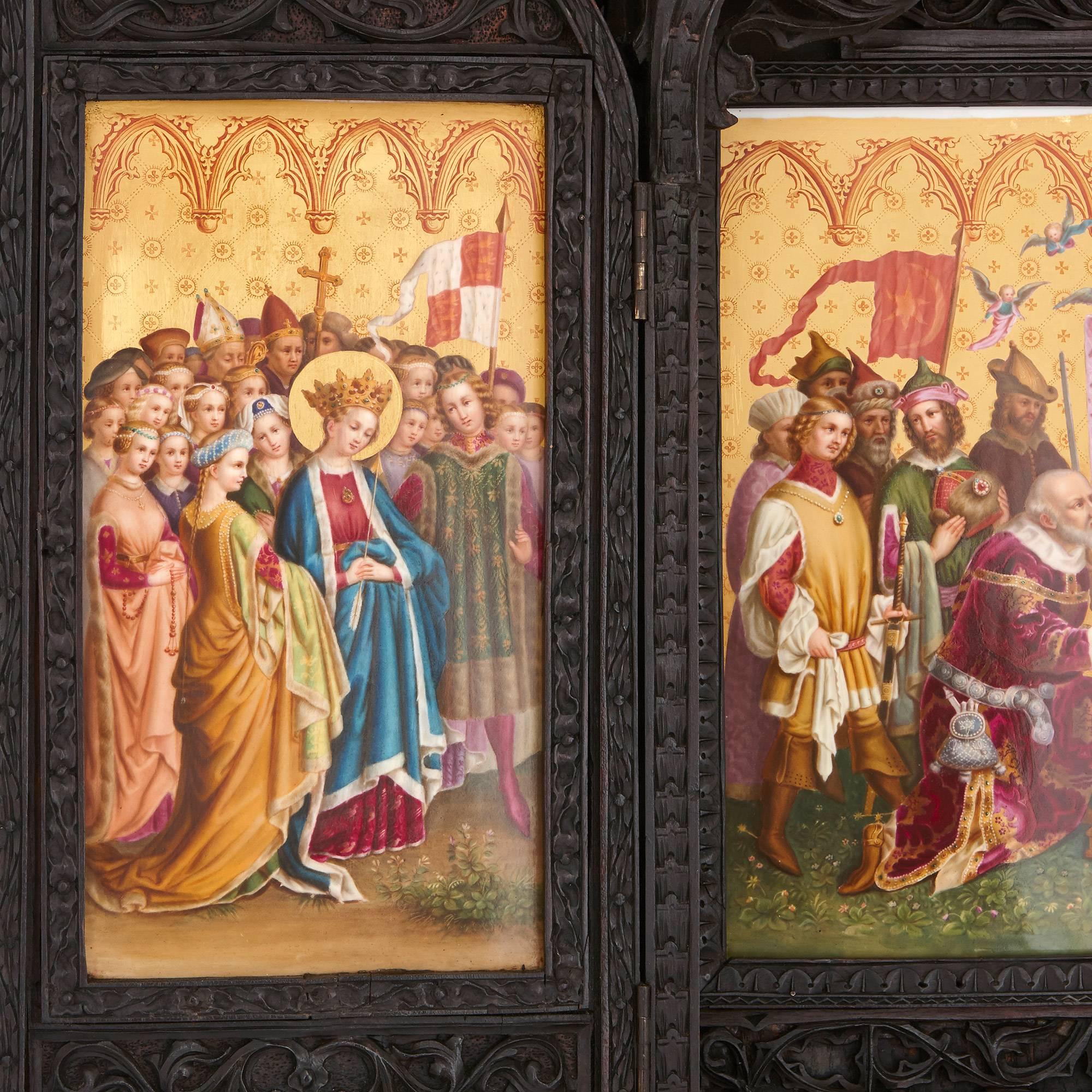 Triptychon aus geschnitzter Eiche und KPM Porcelain im Stil der Neogotik (Deutsch) im Angebot